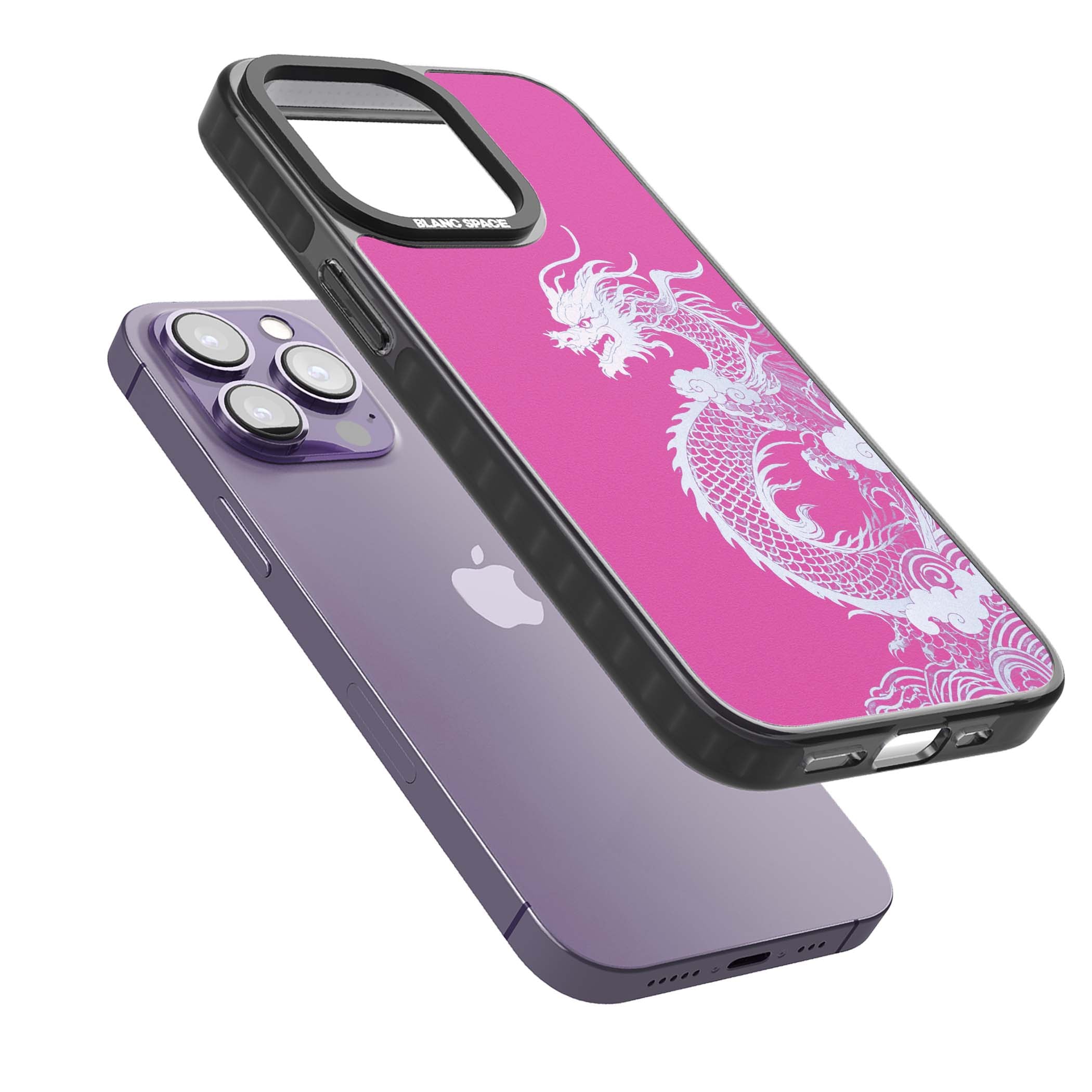 Pink Empress chinese dragon iPhone case featuring a white dragon, swirling clouds and pink dragon wallpaper backdrop | Black Impact case for iPhone 13 Pro, iPhone 14 Pro, iPhone 15 Pro