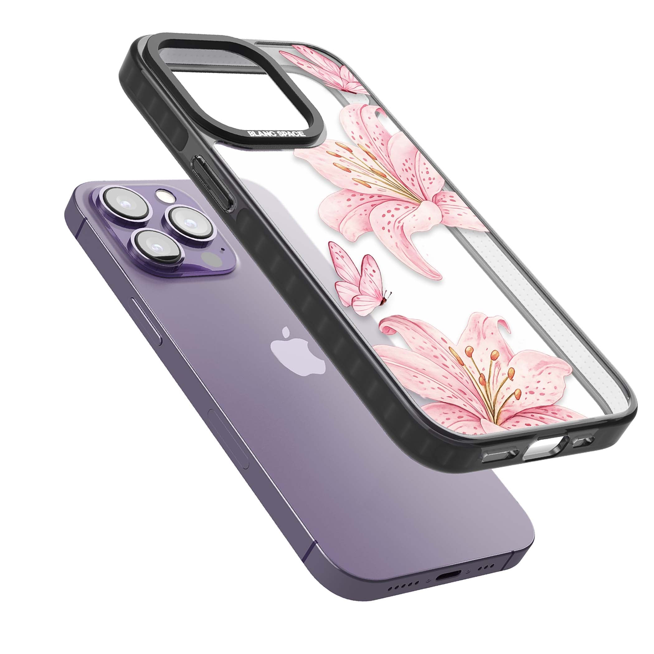 Lily Whisper floral iPhone case featuring pink watercolour lilies and delicate butterflies on a clear background | Black Impact case for iPhone 13 Pro, iPhone 14 Pro, iPhone 15 Pro