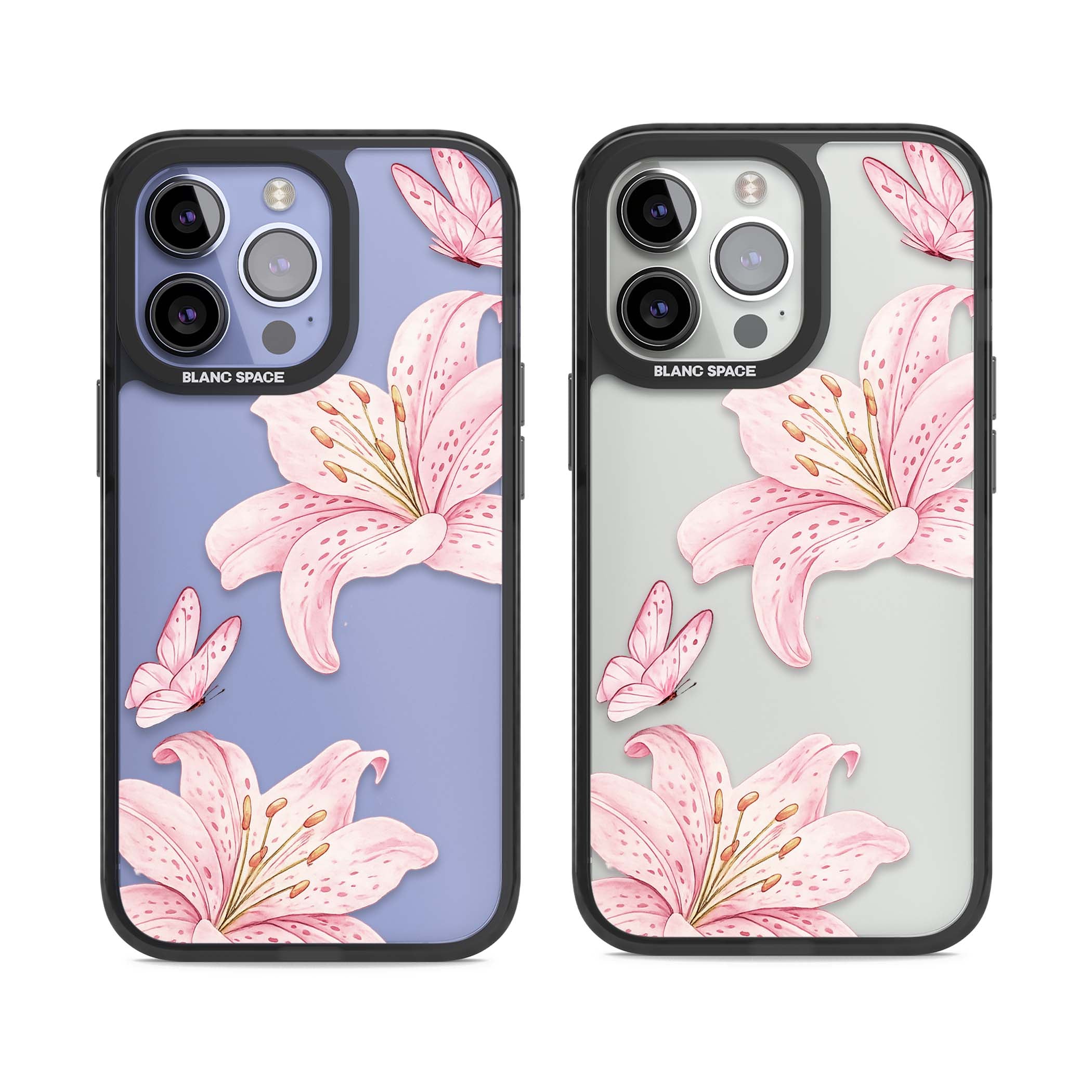 Lily Whisper floral iPhone case featuring pink watercolour lilies and delicate butterflies on a clear background | Black Impact case for iPhone 13 Pro, iPhone 14 Pro, iPhone 15 Pro