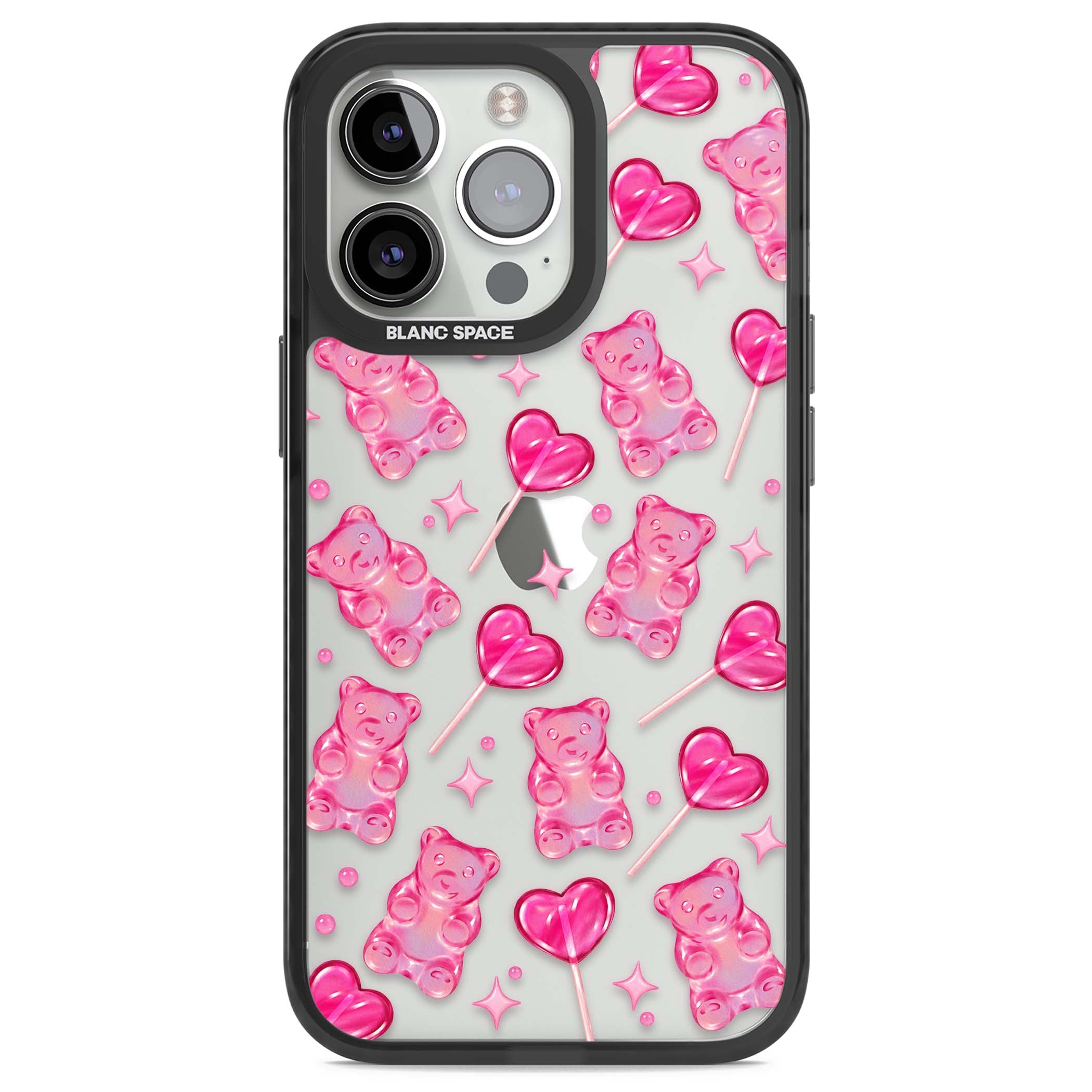 Pink Sugar pinkcore iPhone case featuring pink gummy bears, heart-shaped lollipops and sparkle stars | Black Impact case for iPhone 13 Pro, iPhone 14 Pro, iPhone 15 Pro