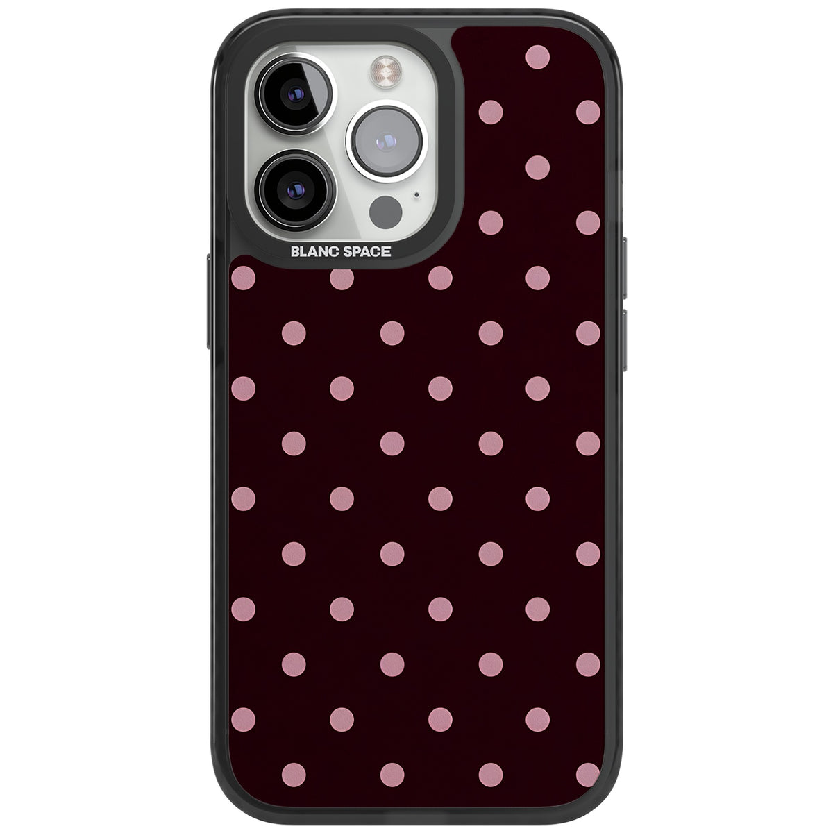 Merlot Dots polka dot iPhone case featuring dusty pink spots on a deep burgundy background in a retro grid iPhone 12 Pro Max / iPhone 13 Pro / iPhone 13 Pro Max / iPhone 14 Pro / iPhone 14 Pro Max / iPhone 15 Pro / iPhone 15 Pro Max Impact Black Phone Case front