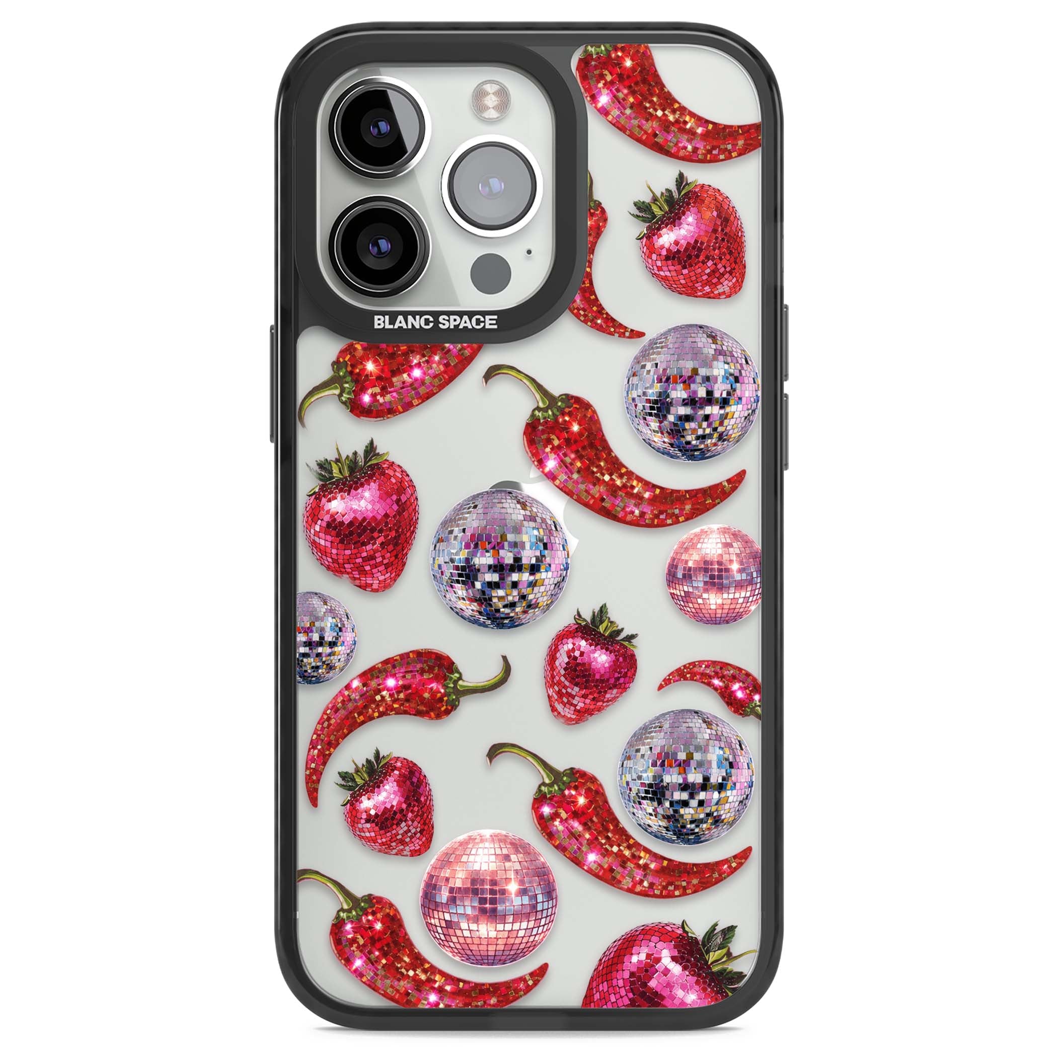 Spicy Disco Y2K iPhone case featuring glitter disco balls, sparkly strawberries and red chilli peppers | Black Impact case for iPhone 13 Pro, iPhone 14 Pro, iPhone 15 Pro