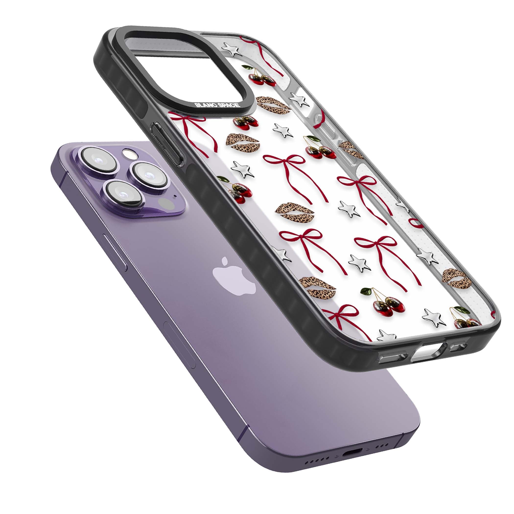Starlet coquette iPhone case featuring red ribbon bows, disco cherries and leopard-print lips | Black Impact case for iPhone 13 Pro, iPhone 14 Pro, iPhone 15 Pro