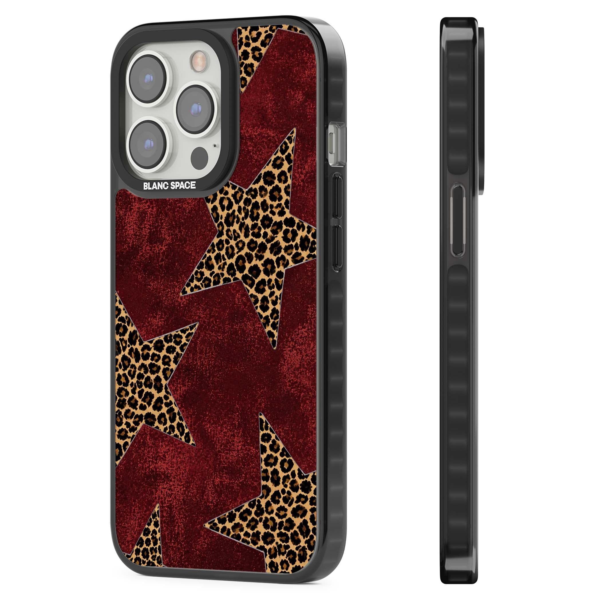 Showgirl leopard print iPhone case featuring cheetah print stars on distressed red grunge background | Black Impact case for iPhone 13 Pro, iPhone 14 Pro, iPhone 15 Pro