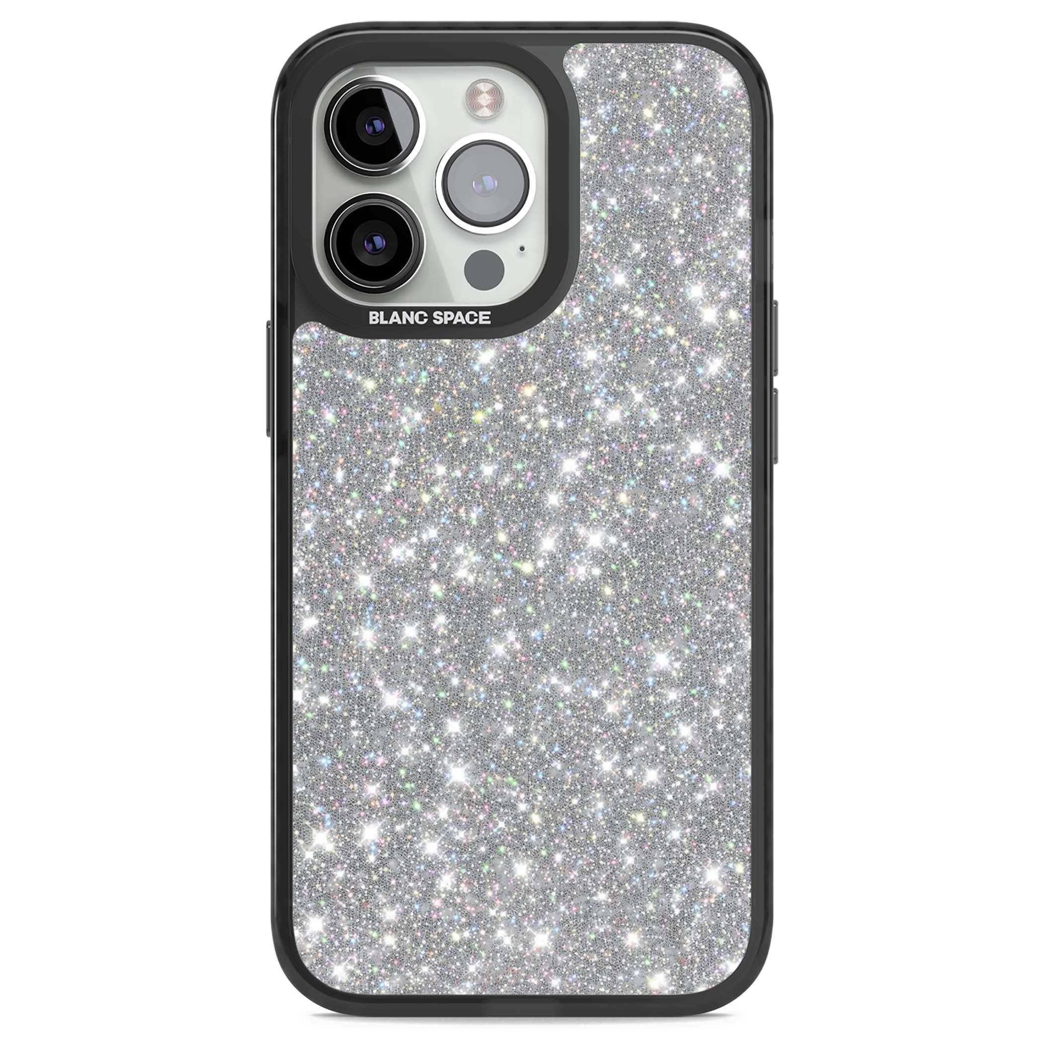 Diamond glam iPhone case featuring silver glitter sparkle and shimmering diamond dust effect | Black Impact case for iPhone 13 Pro, iPhone 14 Pro, iPhone 15 Pro