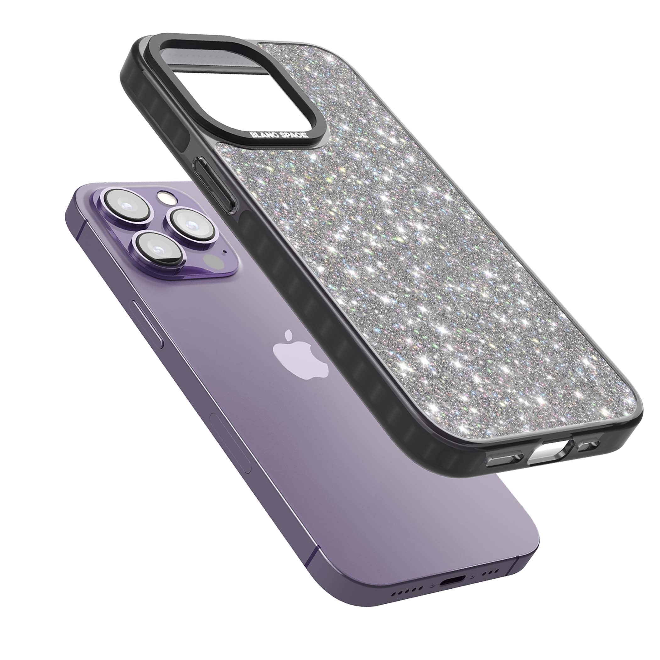 Diamond glam iPhone case featuring silver glitter sparkle and shimmering diamond dust effect | Black Impact case for iPhone 13 Pro, iPhone 14 Pro, iPhone 15 Pro