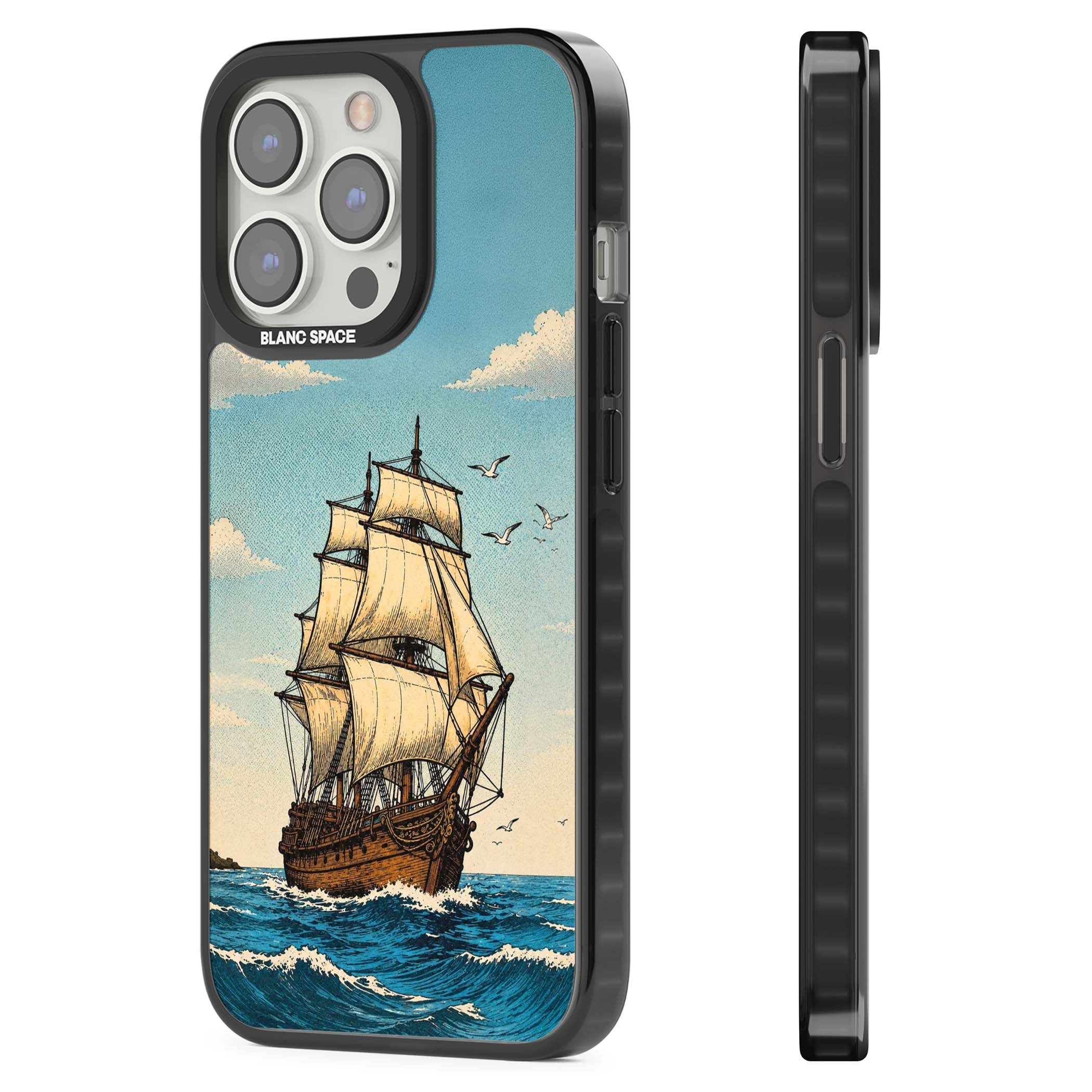 Ship at Sea nautical iPhone case featuring a vintage tall ship, ocean waves and seagulls | Black Impact case for iPhone 13 Pro, iPhone 14 Pro, iPhone 15 Pro