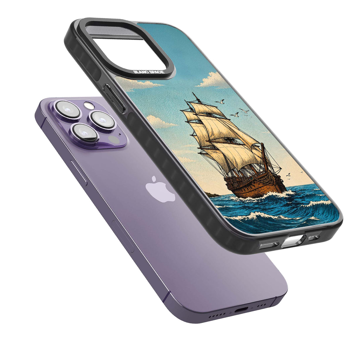 Ship at Sea nautical iPhone case featuring a vintage tall ship, ocean waves and seagulls | Black Impact case for iPhone 13 Pro, iPhone 14 Pro, iPhone 15 Pro