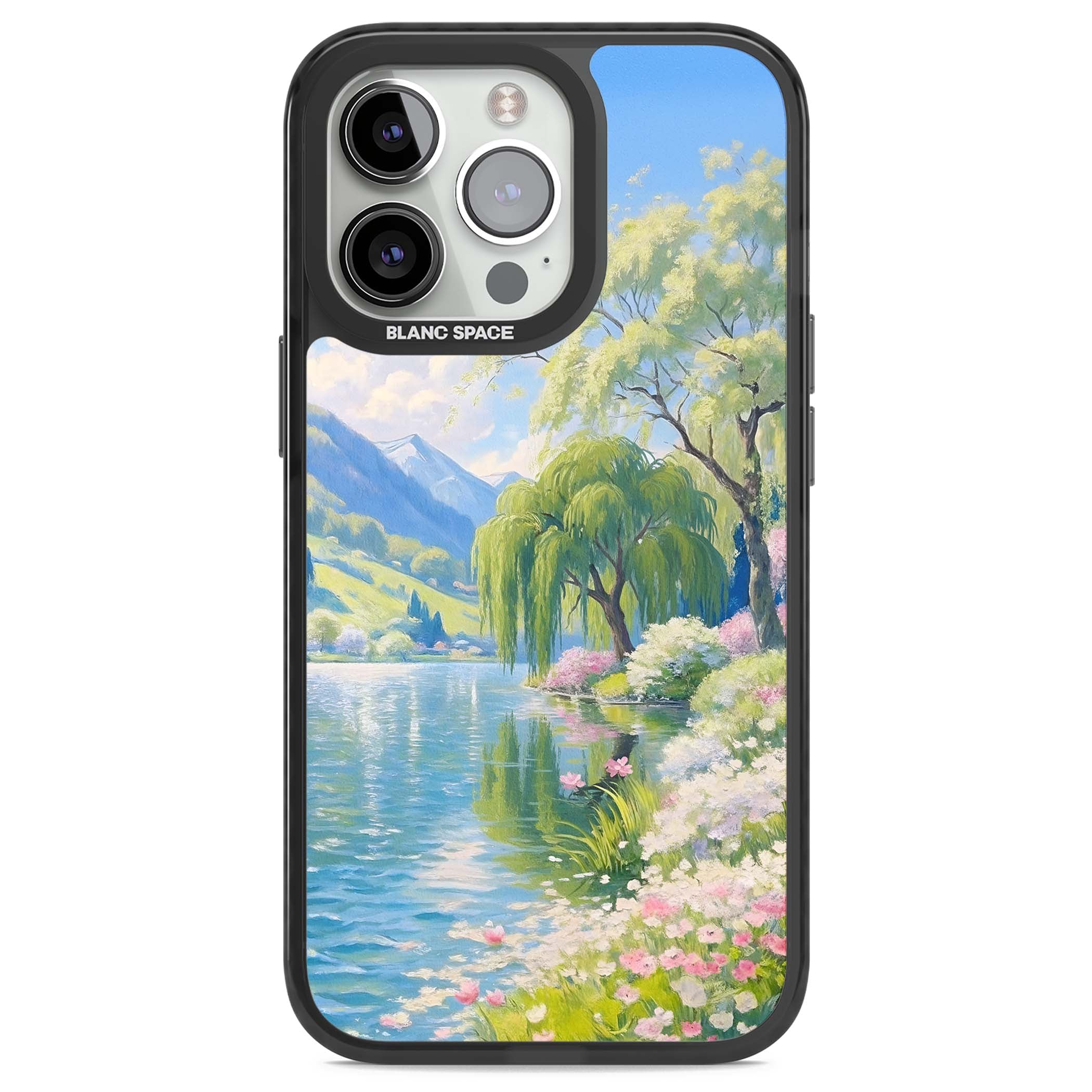 Willow Lake cottagecore iPhone case featuring a painted lakeside with weeping willow, blossoms and distant mountains | Black Impact case for iPhone 13 Pro, iPhone 14 Pro, iPhone 15 Pro