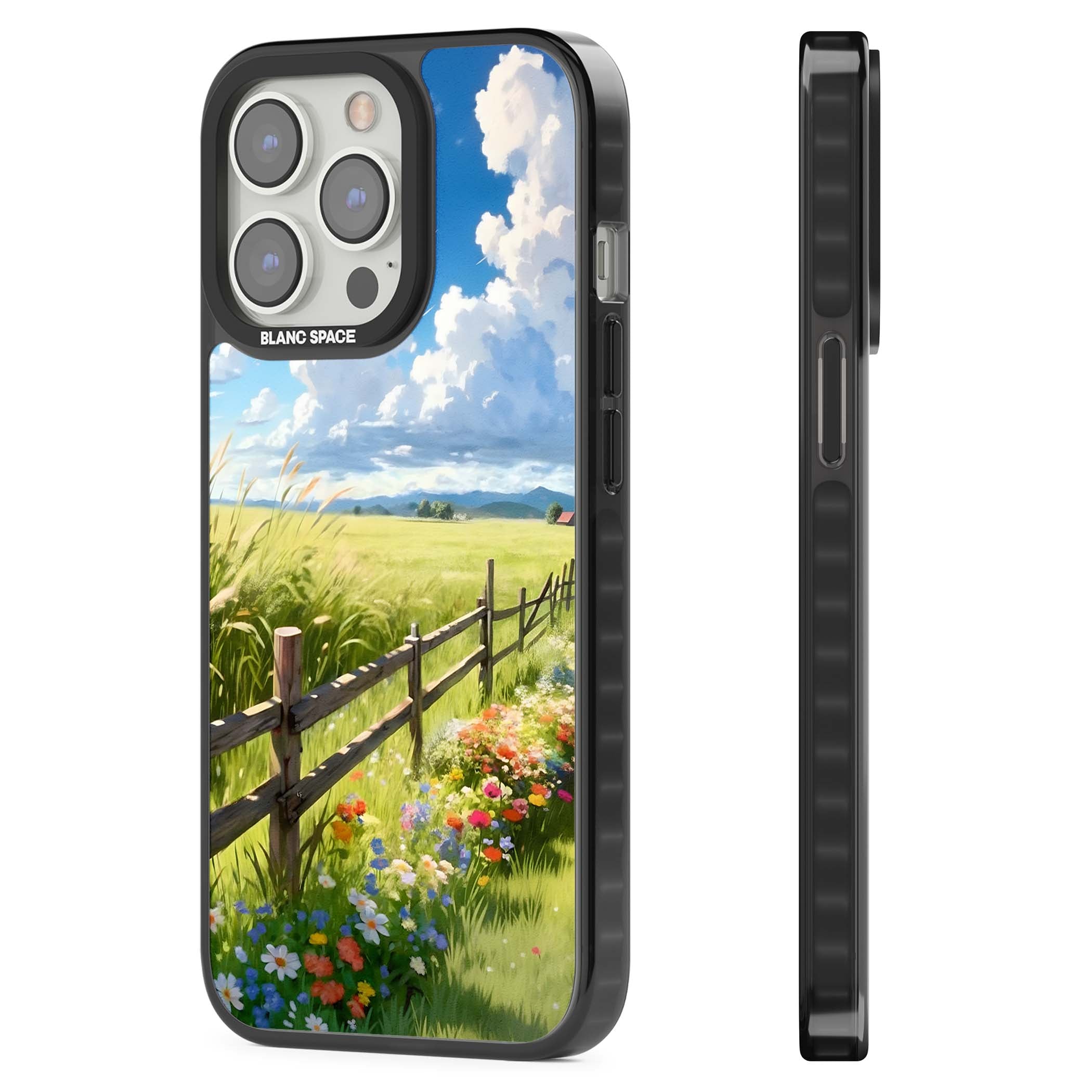 A Countryside Afternoon cottagecore iPhone case featuring a painted countryside meadow, wooden fence, and wildflowers beneath | Black Impact case for iPhone 13 Pro, iPhone 14 Pro, iPhone 15 Pro