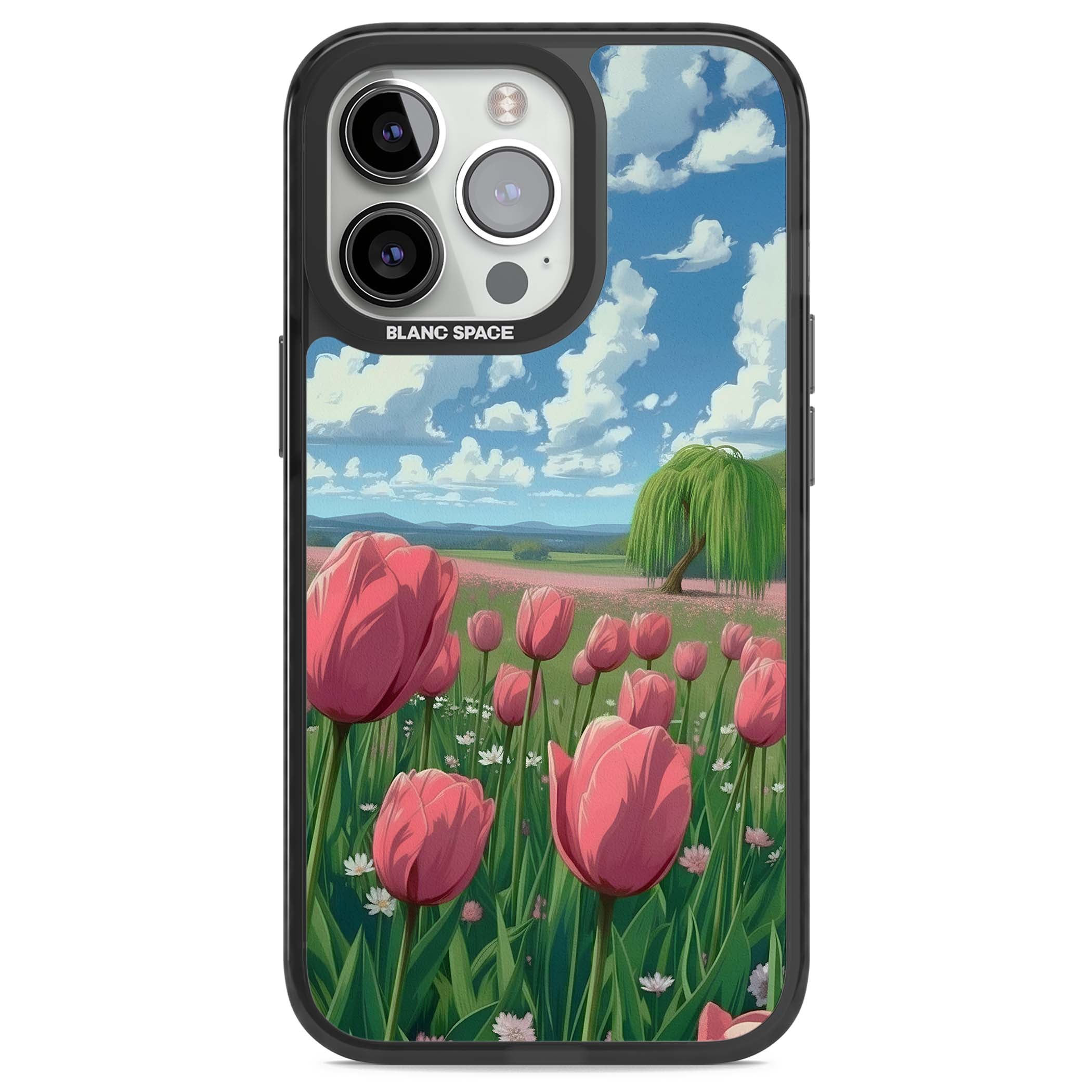 Willow By The Pink Tulips floral iPhone case | Black Impact case for iPhone 13 Pro, iPhone 14 Pro, iPhone 15 Pro