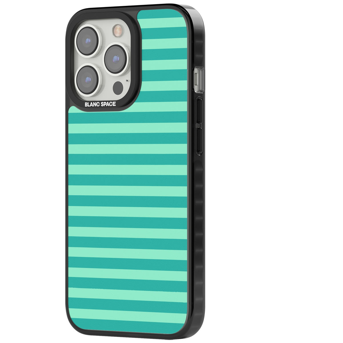Turquoise Stripe preppy iPhone case featuring horizontal teal and mint green stripes on a black protective frame iPhone 12 Pro Max / iPhone 13 Pro / iPhone 13 Pro Max / iPhone 14 Pro / iPhone 14 Pro Max / iPhone 15 Pro / iPhone 15 Pro Max Impact Black Phone Case side