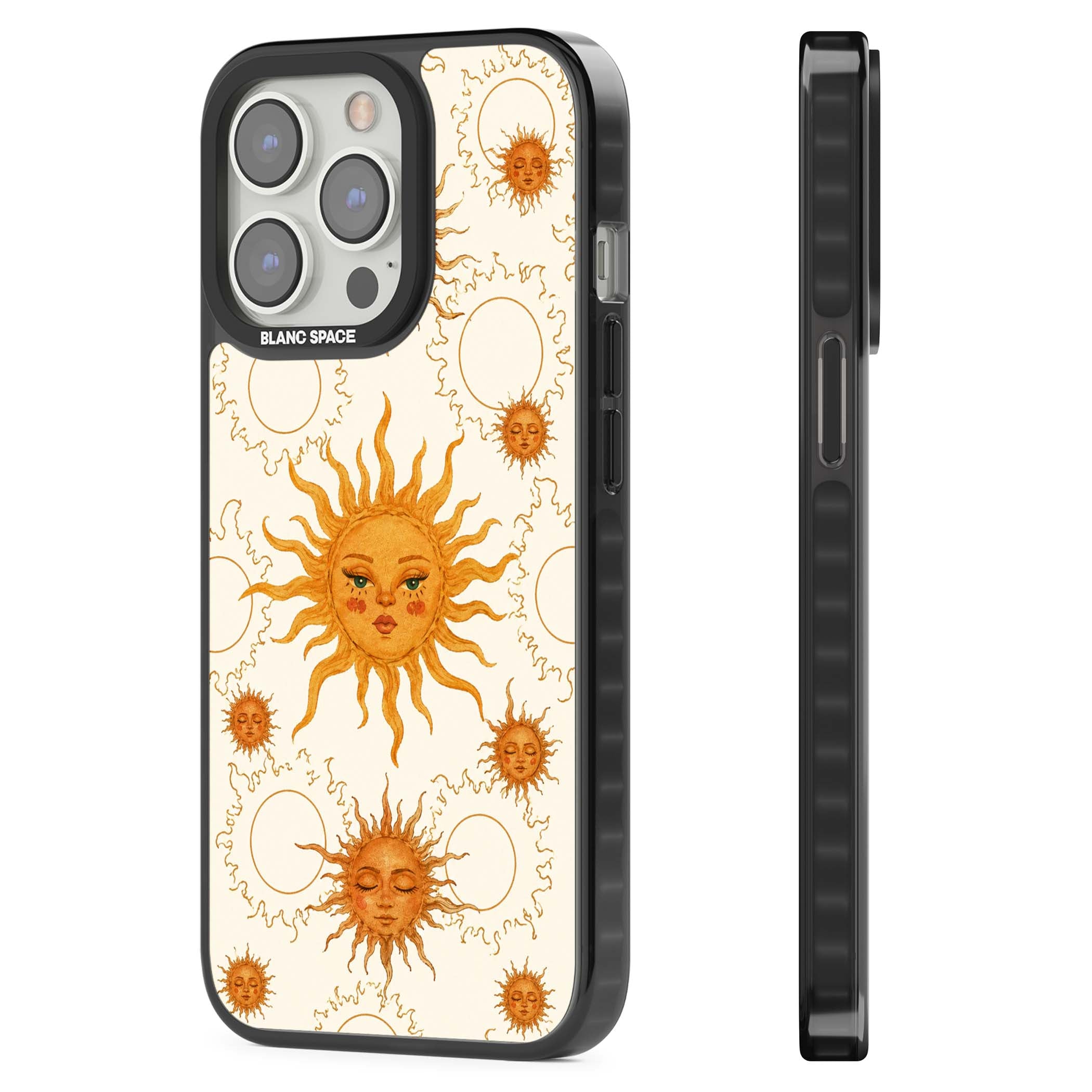 Solstice Muse celestial iPhone case featuring hand-painted golden sun faces, closed-eye sun goddesses and outlined moons... | Black Impact case for iPhone 13 Pro, iPhone 14 Pro, iPhone 15 Pro