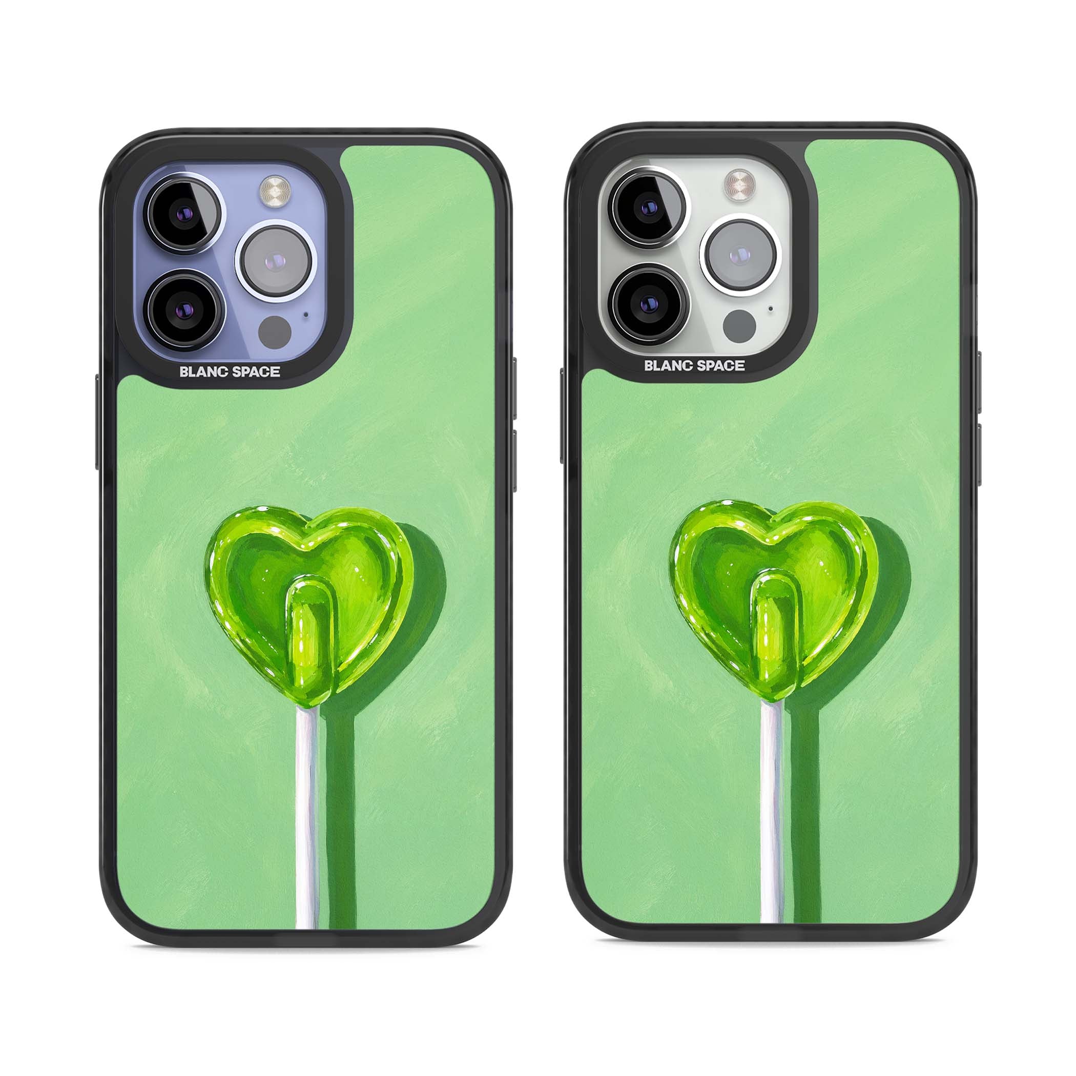 Green Lollipop candy art iPhone case featuring a glossy green heart-shaped lollipop on a painted pastel green background | Black Impact case for iPhone 13 Pro, iPhone 14 Pro, iPhone 15 Pro
