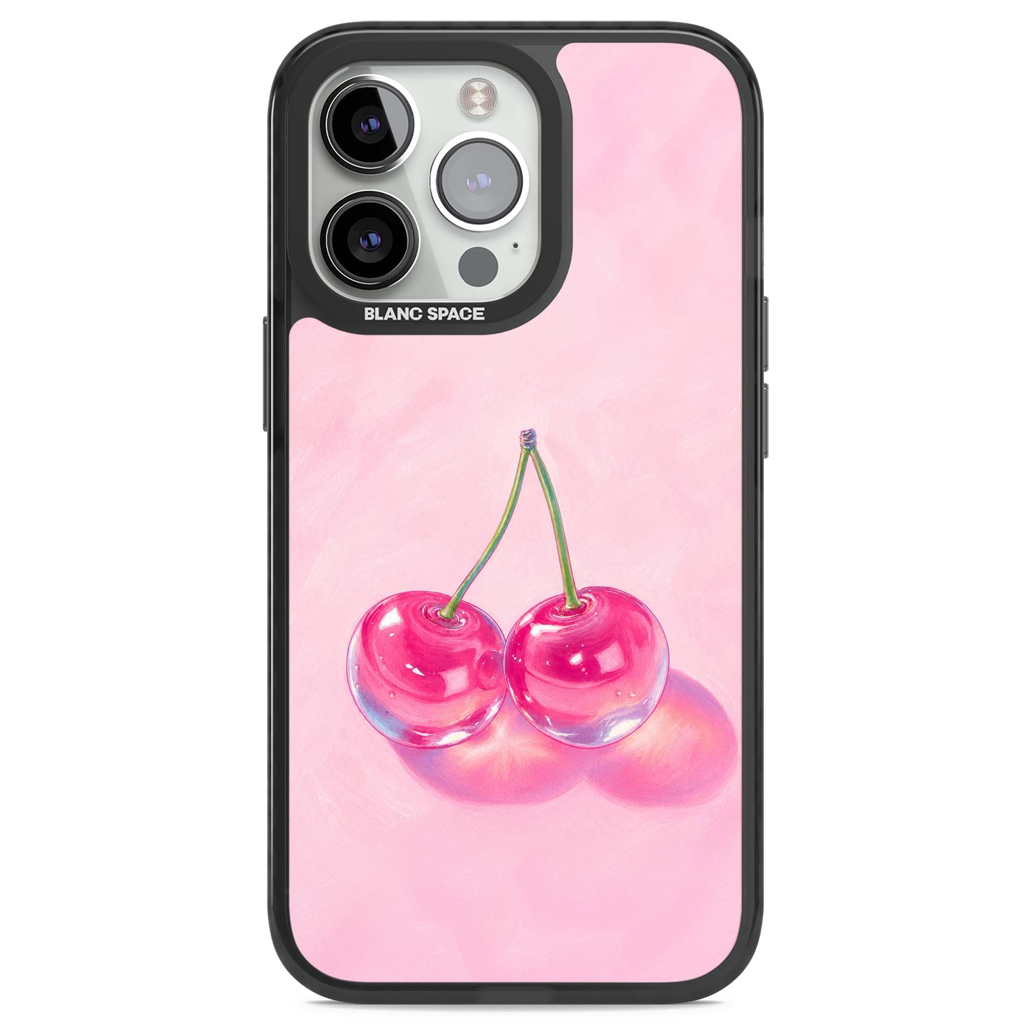 Pink Glass Cherry coquette iPhone case featuring two glossy painted cherries on a soft pink background | Black Impact case for iPhone 13 Pro, iPhone 14 Pro, iPhone 15 Pro