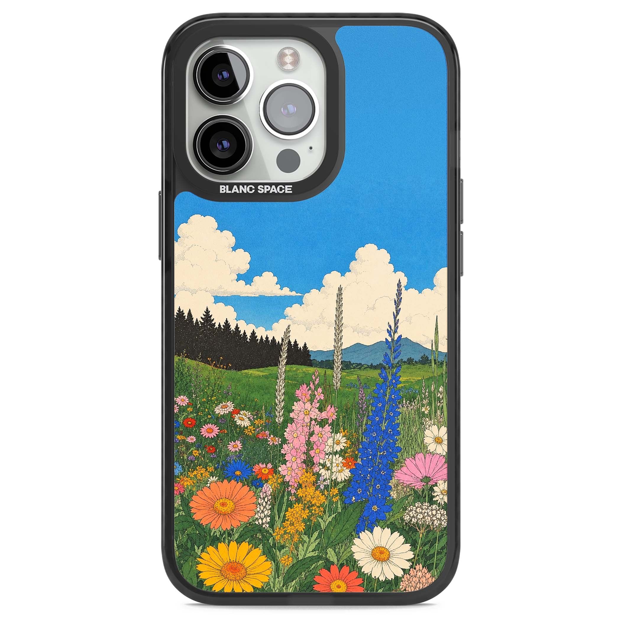 Wildbloom wildflower iPhone case featuring a vintage Japanese-style meadow landscape with daisies, delphiniums and moun | Black Impact case for iPhone 13 Pro, iPhone 14 Pro, iPhone 15 Pro