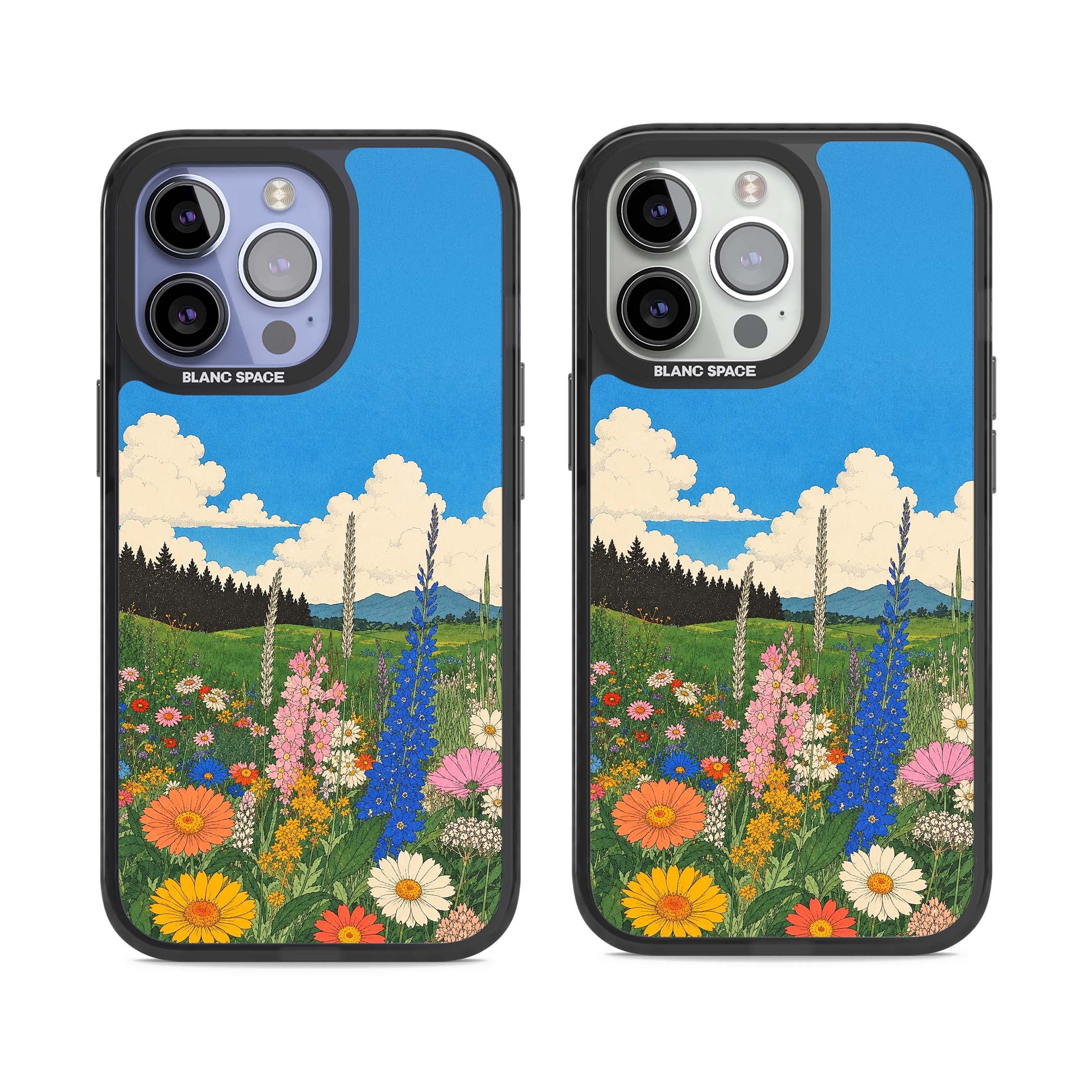 Wildbloom wildflower iPhone case featuring a vintage Japanese-style meadow landscape with daisies, delphiniums and moun | Black Impact case for iPhone 13 Pro, iPhone 14 Pro, iPhone 15 Pro