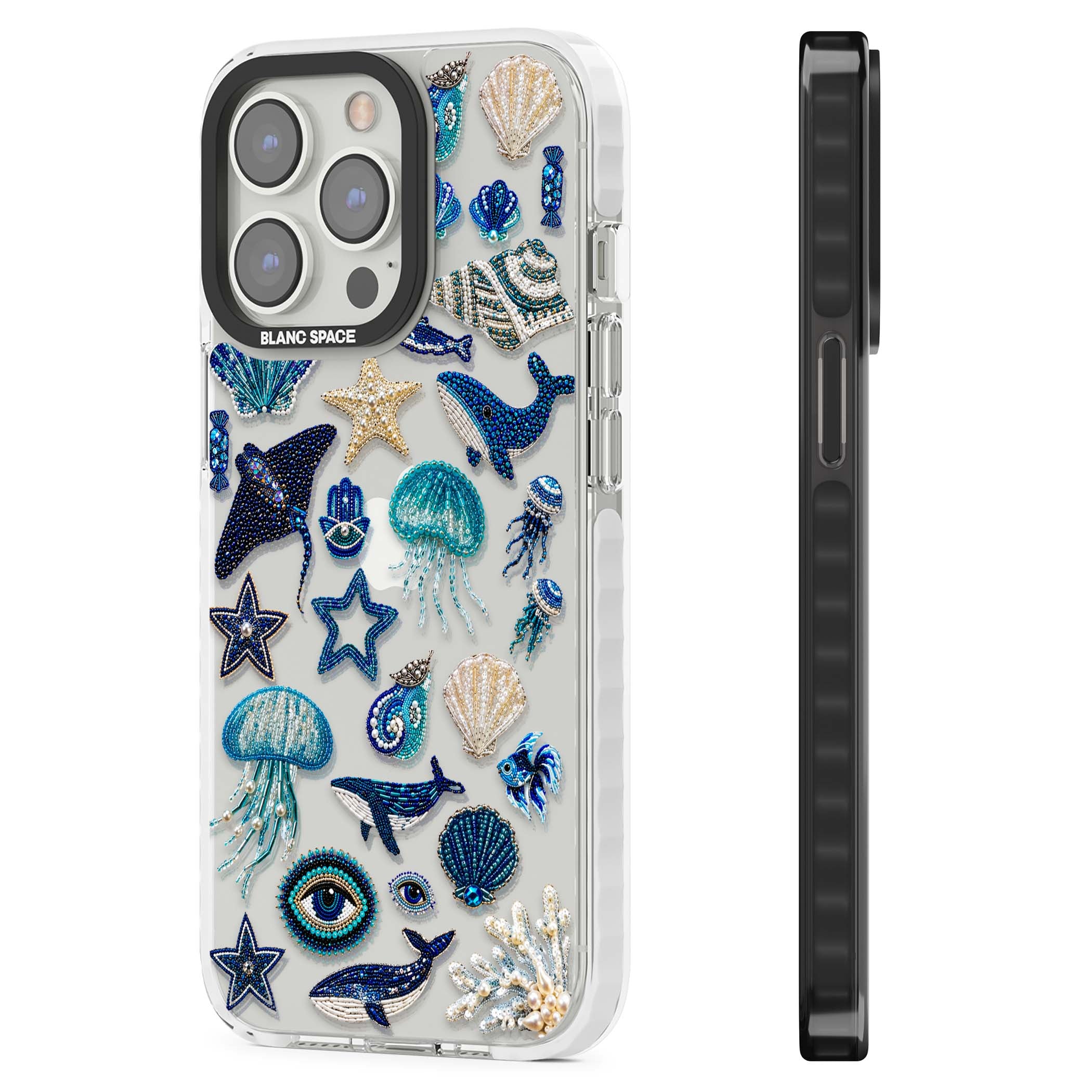 Beaded Coastal coastal iPhone case featuring embroidered seashells, jellyfish and a blue whale on clear | Clear Impact case for iPhone 13 Pro, iPhone 14 Pro, iPhone 15 Pro
