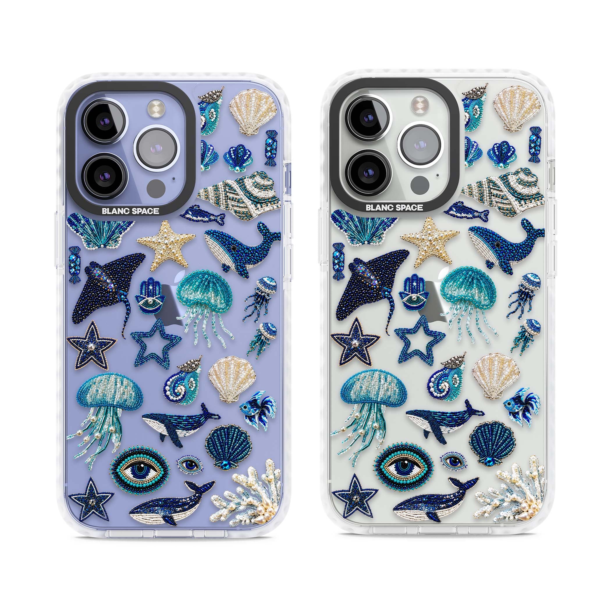 Beaded Coastal coastal iPhone case featuring embroidered seashells, jellyfish and a blue whale on clear | Clear Impact case for iPhone 13 Pro, iPhone 14 Pro, iPhone 15 Pro