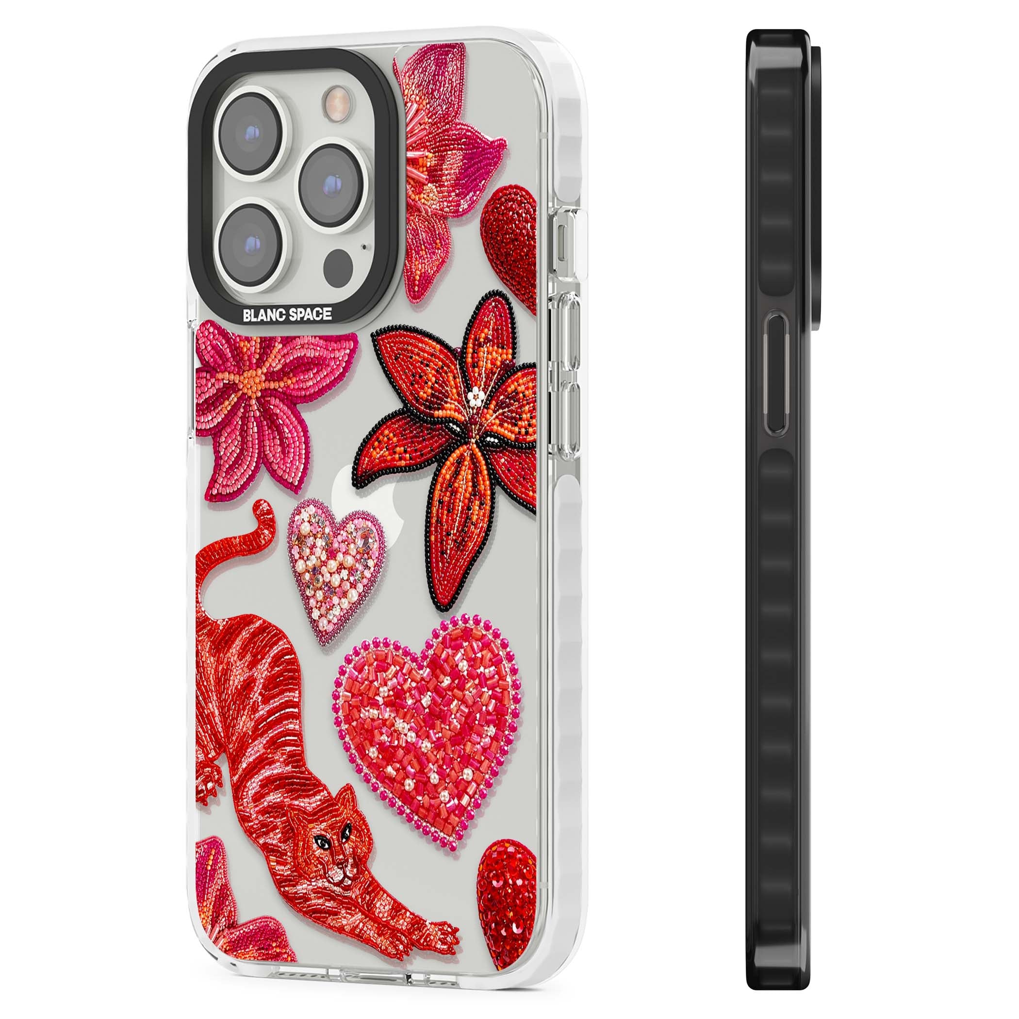 Beaded Boho floral iPhone case featuring beaded red lilies, a stitched tiger, and pearl-encrusted hearts on clear | Clear Impact case for iPhone 13 Pro, iPhone 14 Pro, iPhone 15 Pro