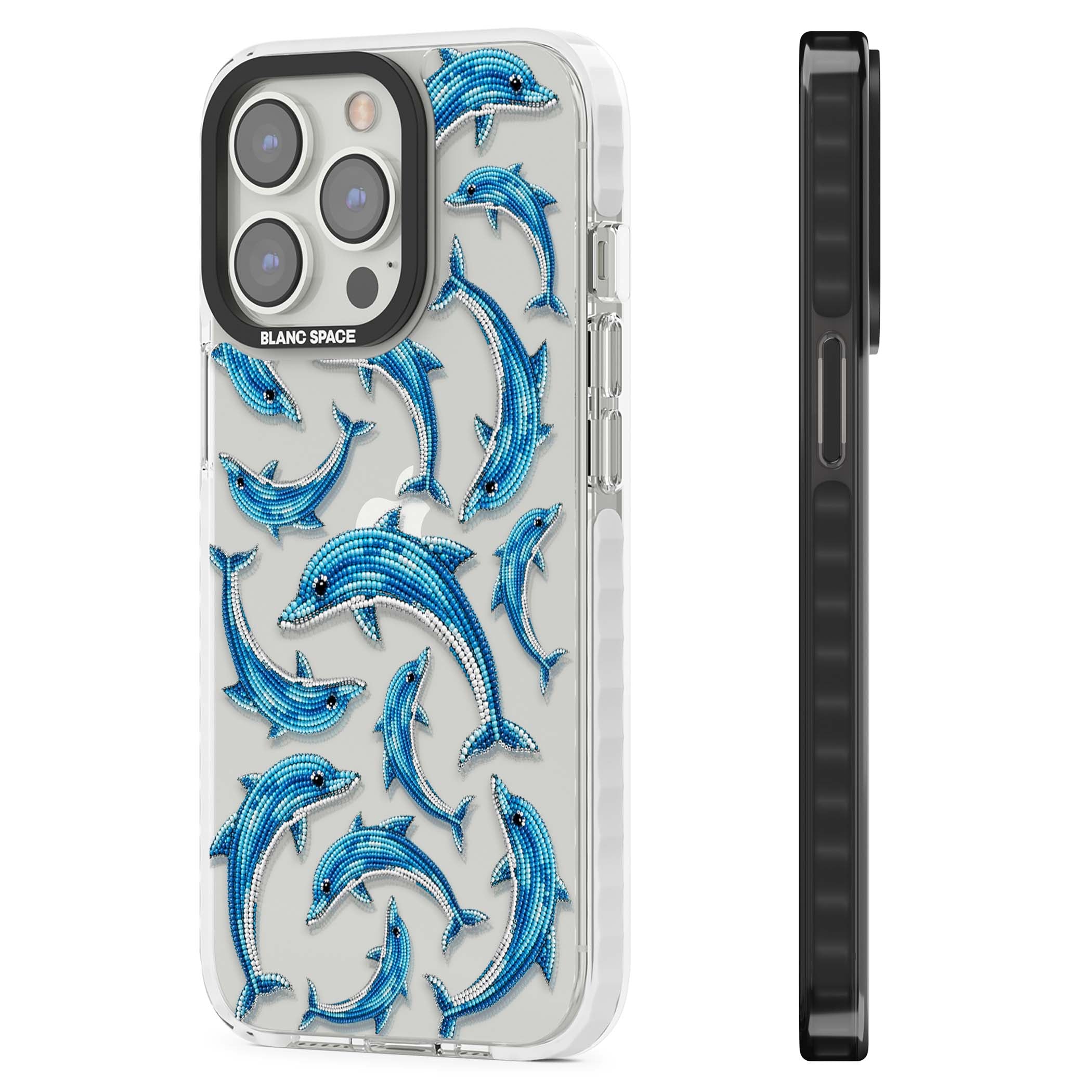 Beaded Dolphins coastal iPhone case featuring beaded dolphins in blue and white swimming across a clear background | Clear Impact case for iPhone 13 Pro, iPhone 14 Pro, iPhone 15 Pro