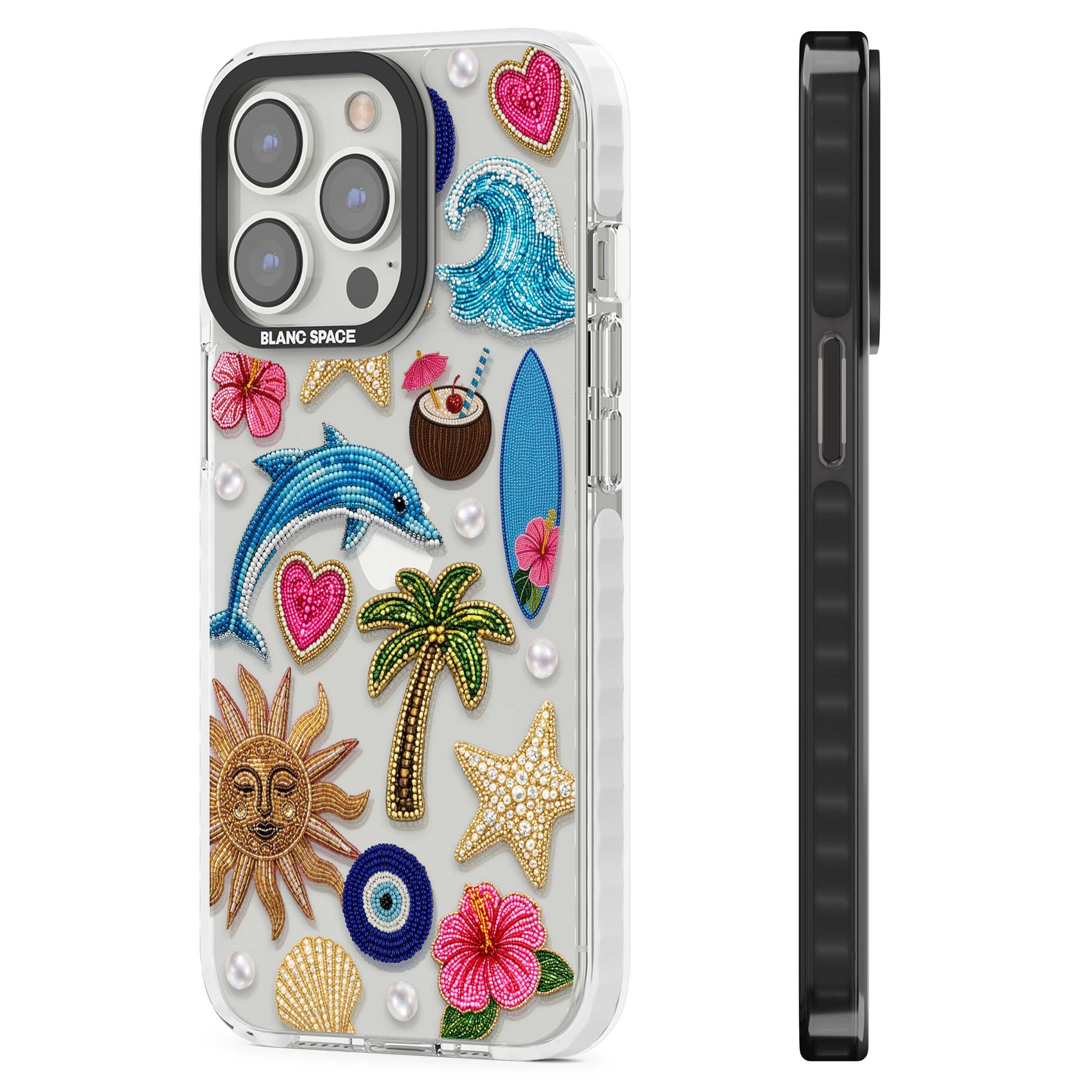 Beaded Beach coastal summer iPhone case featuring embroidered evil eye, hibiscus flowers, dolphin and palm tree patches | Clear Impact case for iPhone 13 Pro, iPhone 14 Pro, iPhone 15 Pro