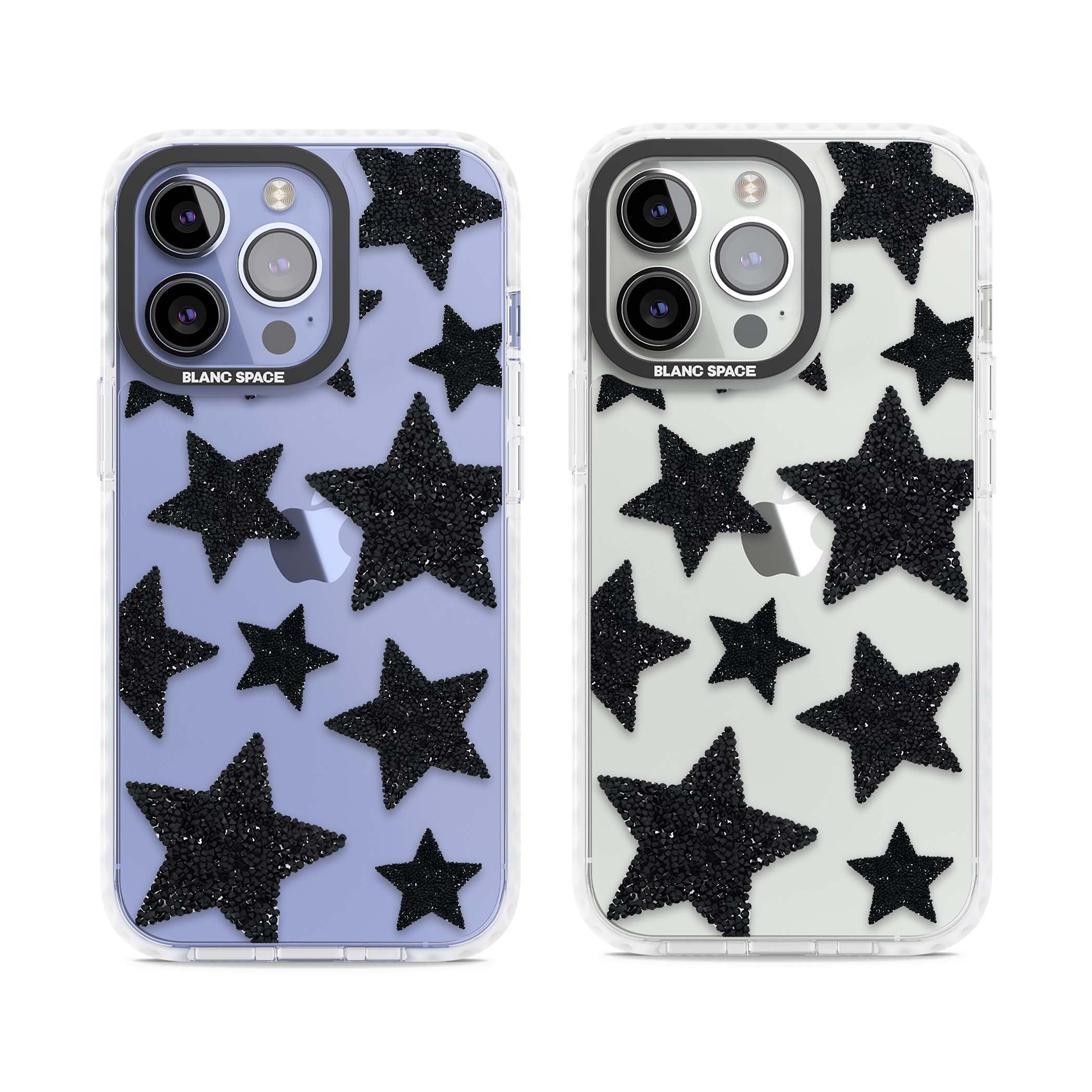 Beaded Black Stars celestial iPhone case featuring black glitter beaded stars scattered on a clear background | Clear Impact case for iPhone 13 Pro, iPhone 14 Pro, iPhone 15 Pro