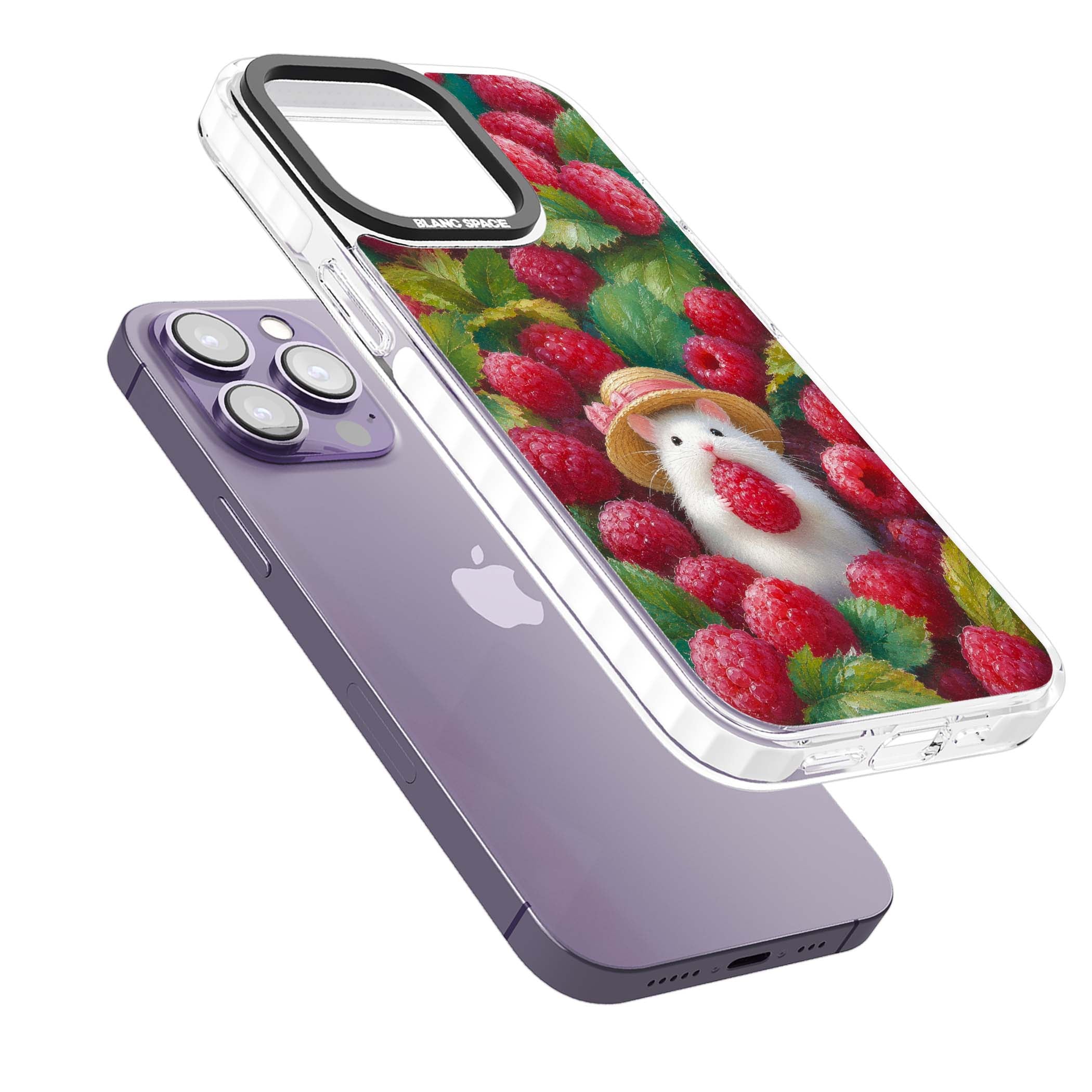 Berry Forager cottagecore iPhone case featuring a white hamster in a straw hat holding a raspberry surrounded by ripe ber | Clear Impact case for iPhone 13 Pro, iPhone 14 Pro, iPhone 15 Pro
