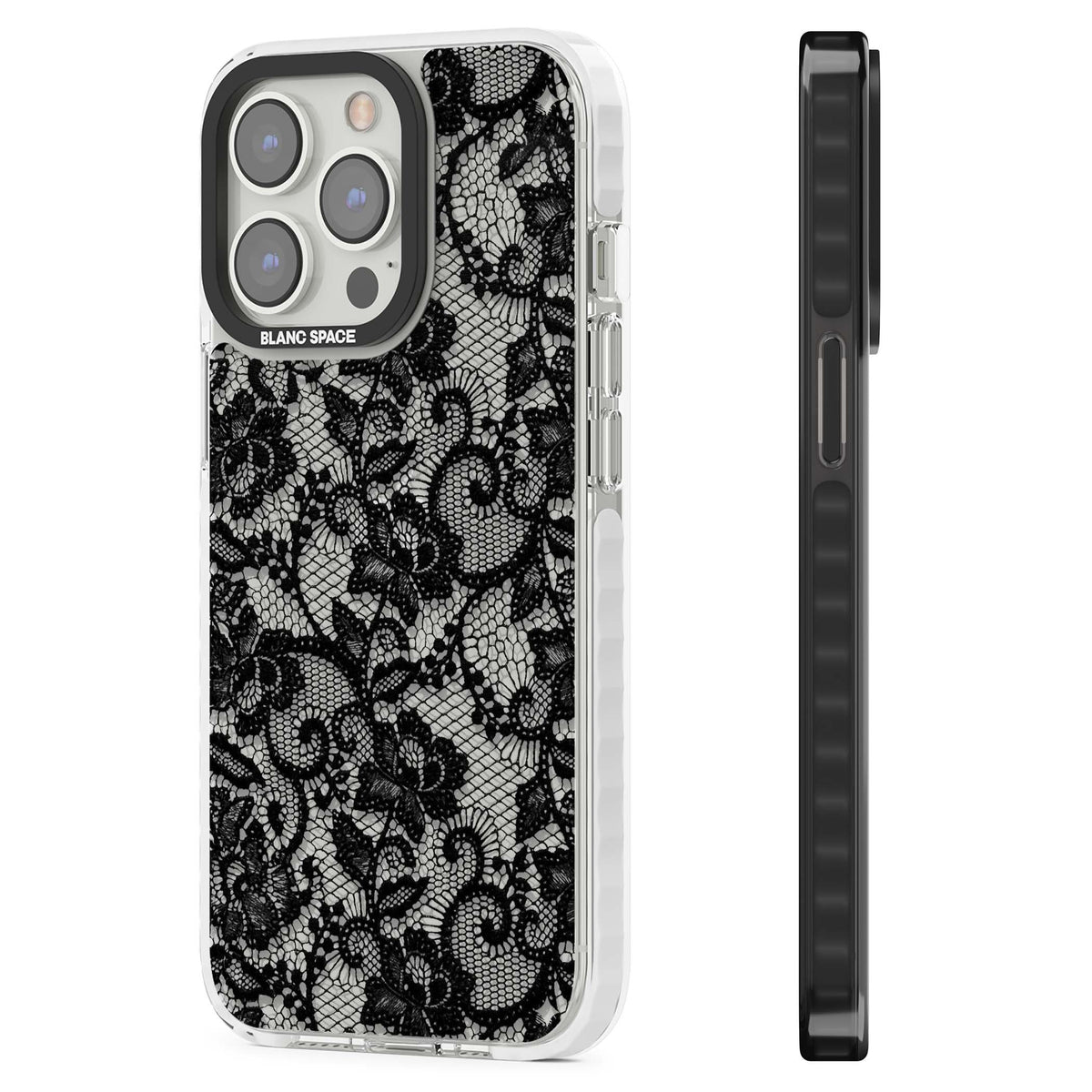 Black Lace gothic iPhone case featuring intricate black floral lace pattern with vintage whimsigoth detail | Clear Impact case for iPhone 13 Pro, iPhone 14 Pro, iPhone 15 Pro