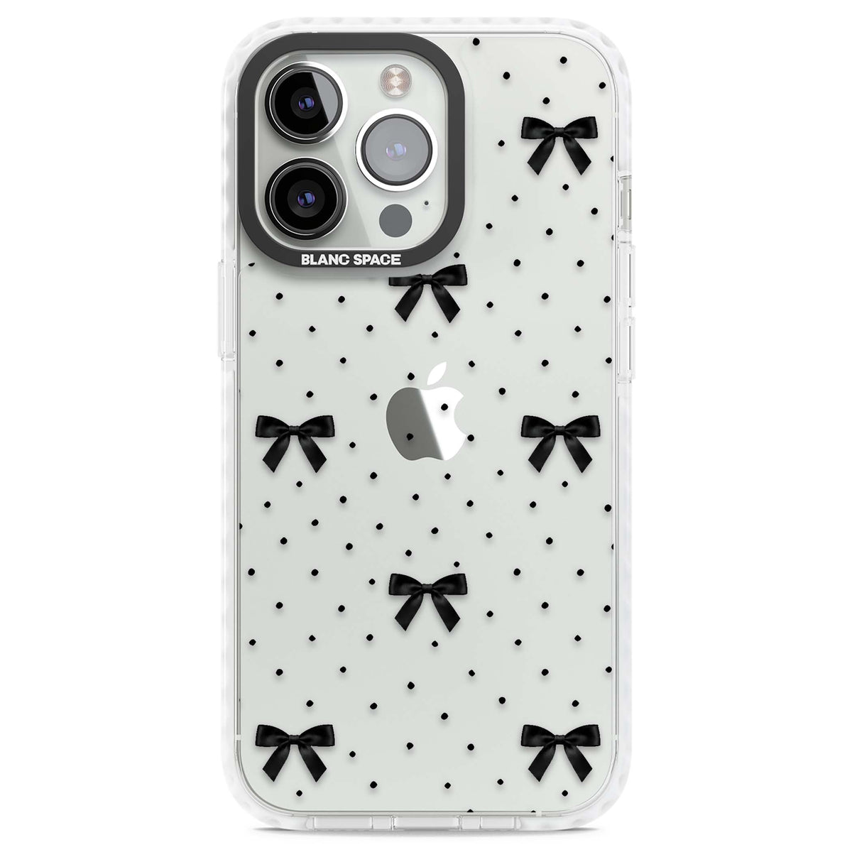 Black Polka Bows coquette iPhone case featuring scattered black satin bows and tiny polka dots on a clear base | Clear Impact case for iPhone 13 Pro, iPhone 14 Pro, iPhone 15 Pro