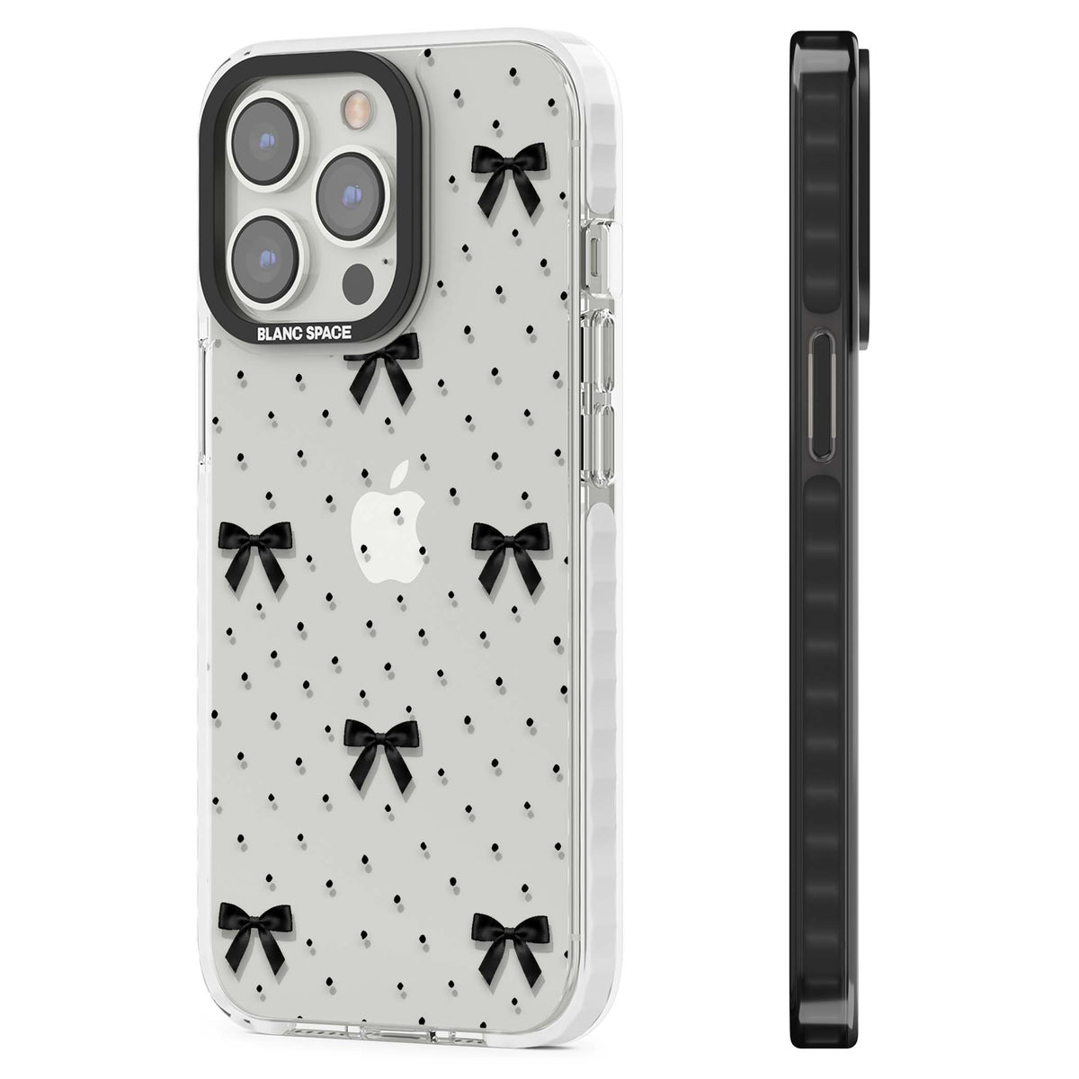 Black Polka Bows coquette iPhone case featuring scattered black satin bows and tiny polka dots on a clear base | Clear Impact case for iPhone 13 Pro, iPhone 14 Pro, iPhone 15 Pro