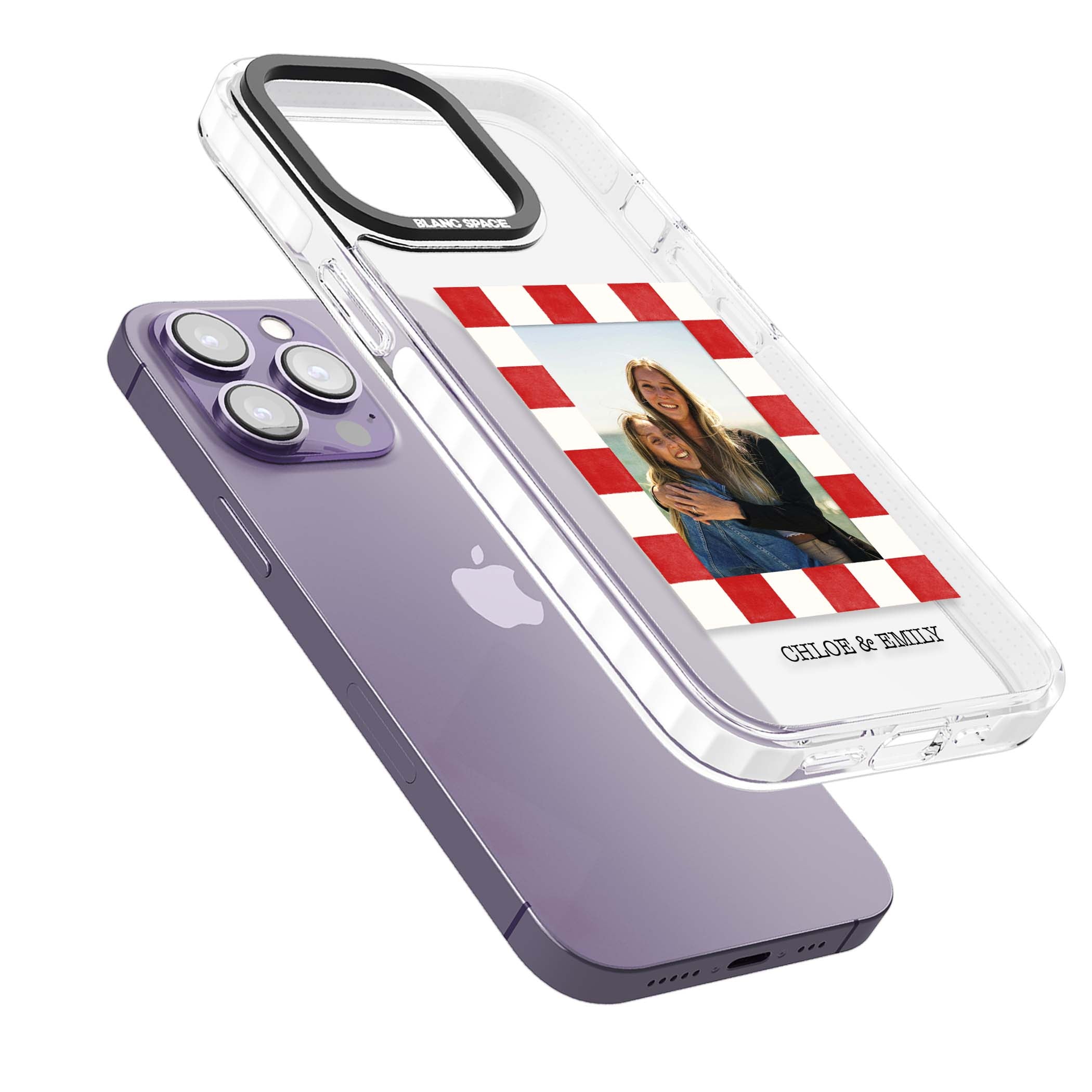 Red Check Photo personalised photo iPhone case with red and white checkered polaroid frame and custom couple name | Clear Impact case for iPhone 13 Pro, iPhone 14 Pro, iPhone 15 Pro