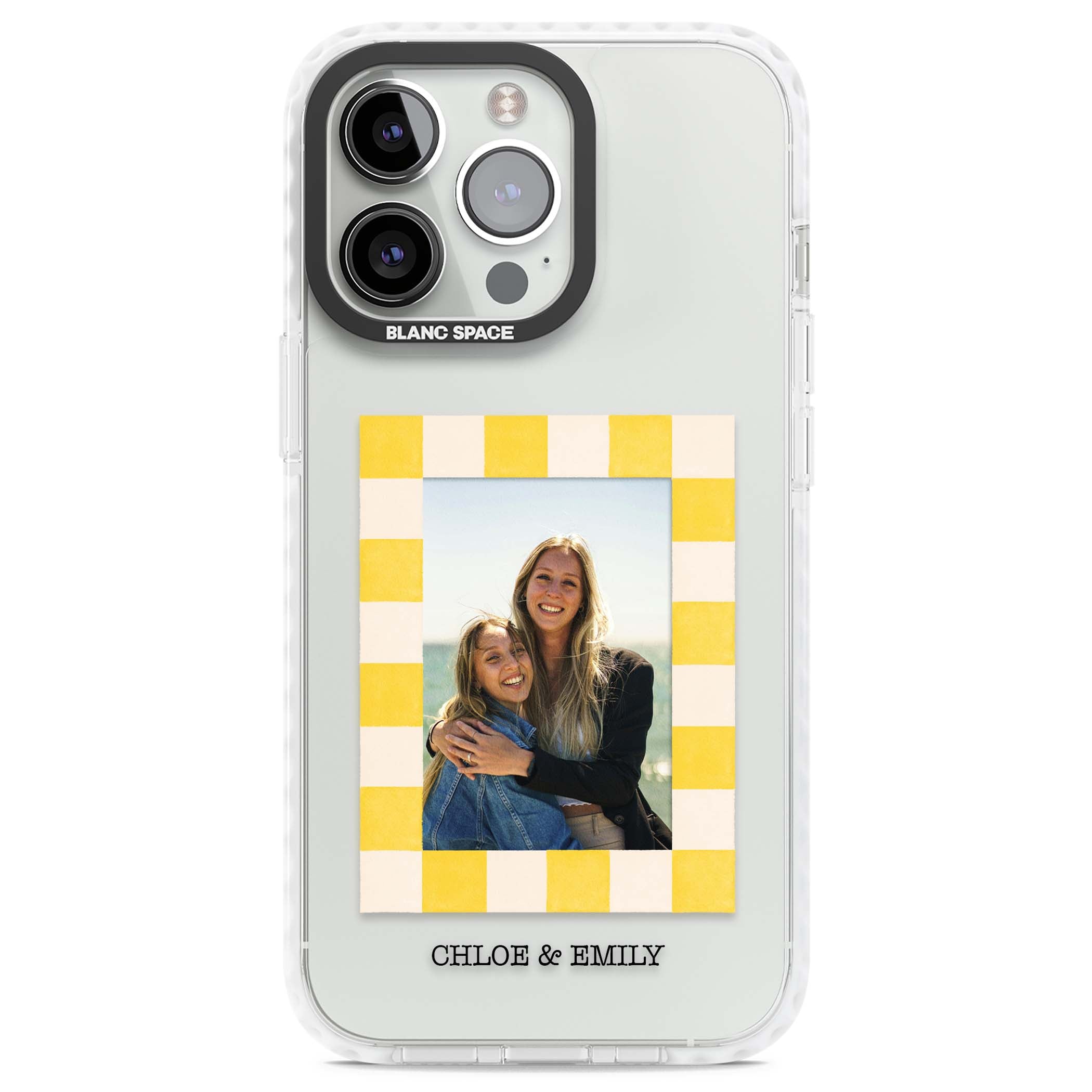 Yellow Check Photo personalised iPhone case with yellow checkered Polaroid frame and custom names beneath | Clear Impact case for iPhone 13 Pro, iPhone 14 Pro, iPhone 15 Pro