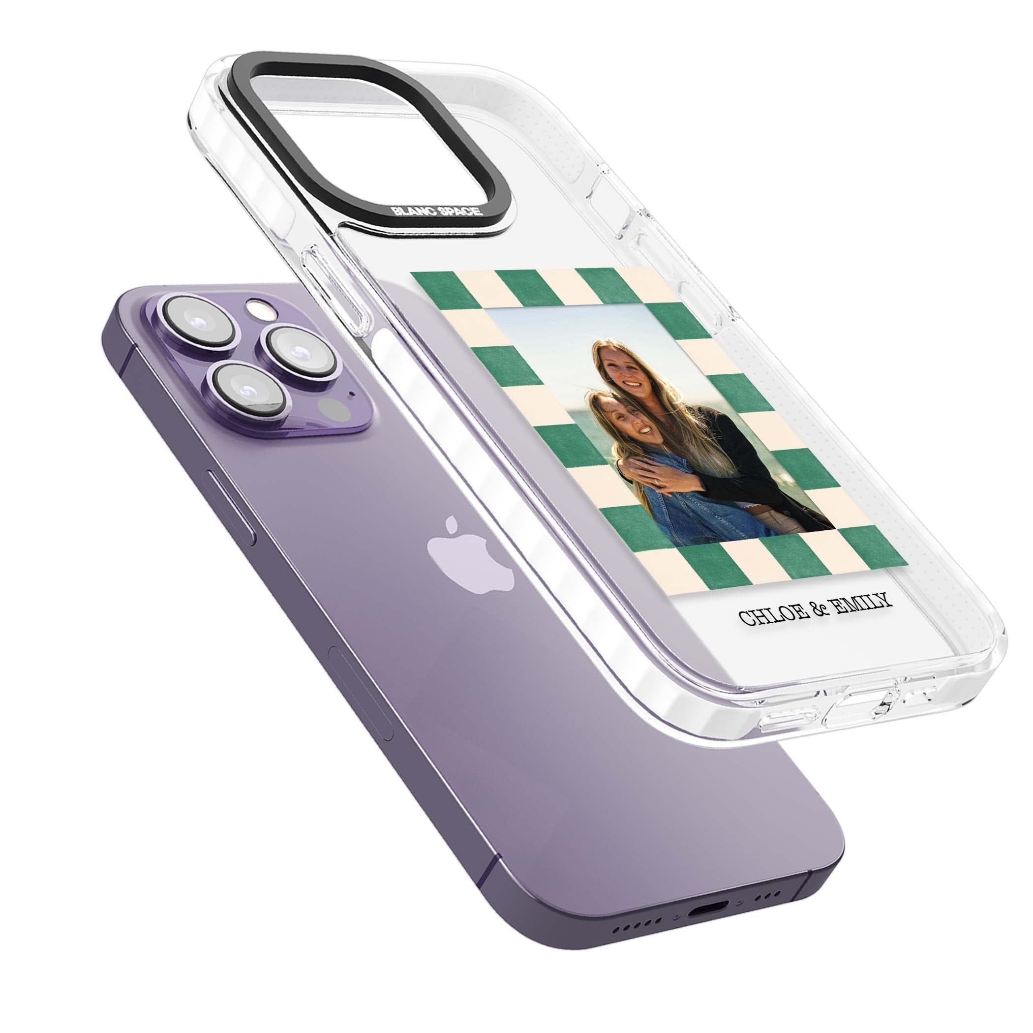 Seafoam Check Photo personalised iPhone case featuring a custom polaroid photo, green and cream checkered frame, and custom n | Clear Impact case for iPhone 13 Pro, iPhone 14 Pro, iPhone 15 Pro