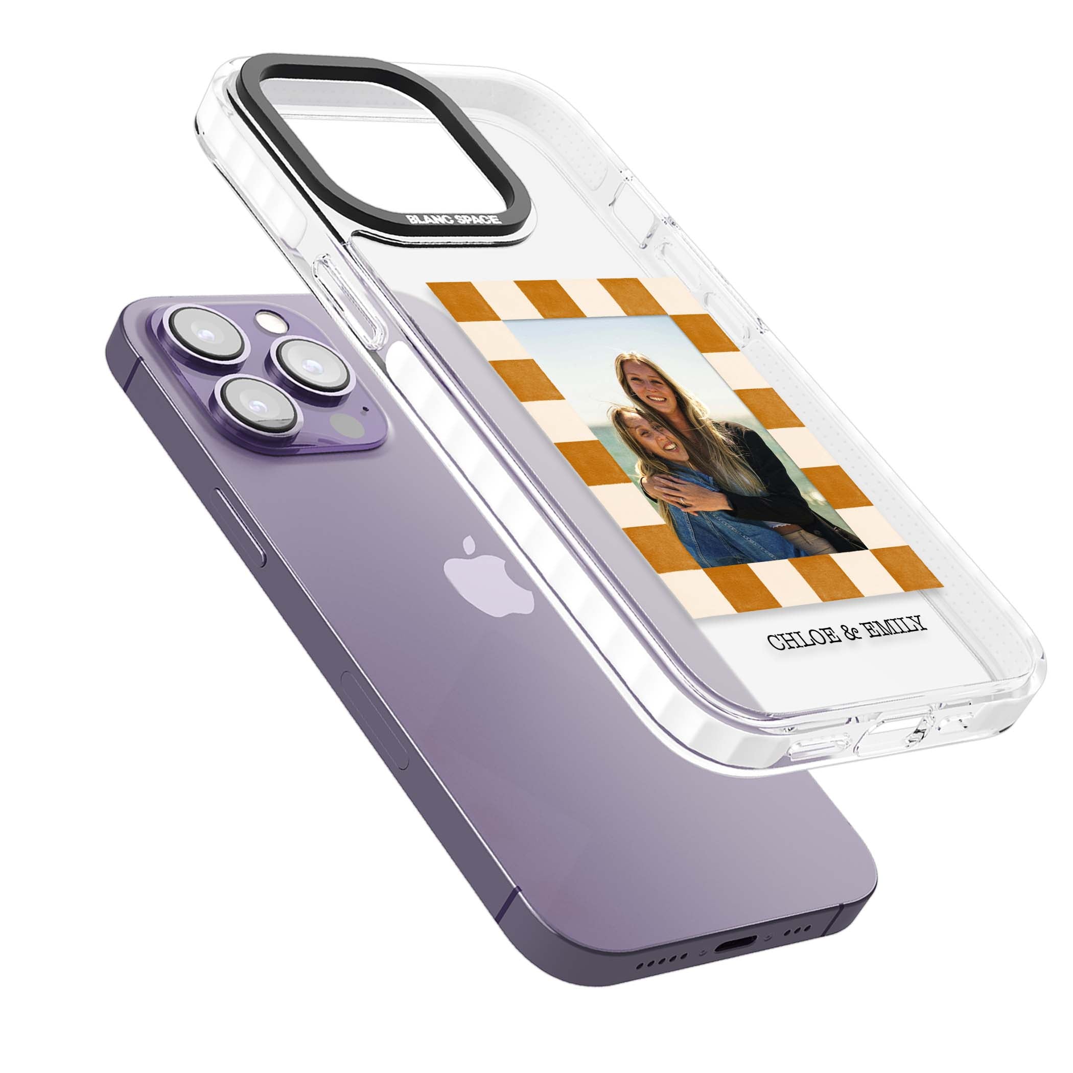 Citrus Check Photo personalised iPhone case with custom photo, orange checkered frame and names underneath | Clear Impact case for iPhone 13 Pro, iPhone 14 Pro, iPhone 15 Pro