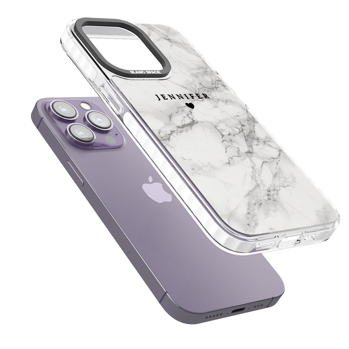 Personalised Classic Grey Marble iPhone 13 Pro / iPhone 13 Pro Max / iPhone 14 Pro / iPhone 14 Pro Max / iPhone 15 Pro / iPhone 15 Pro Max Impact Clear Phone Case angled