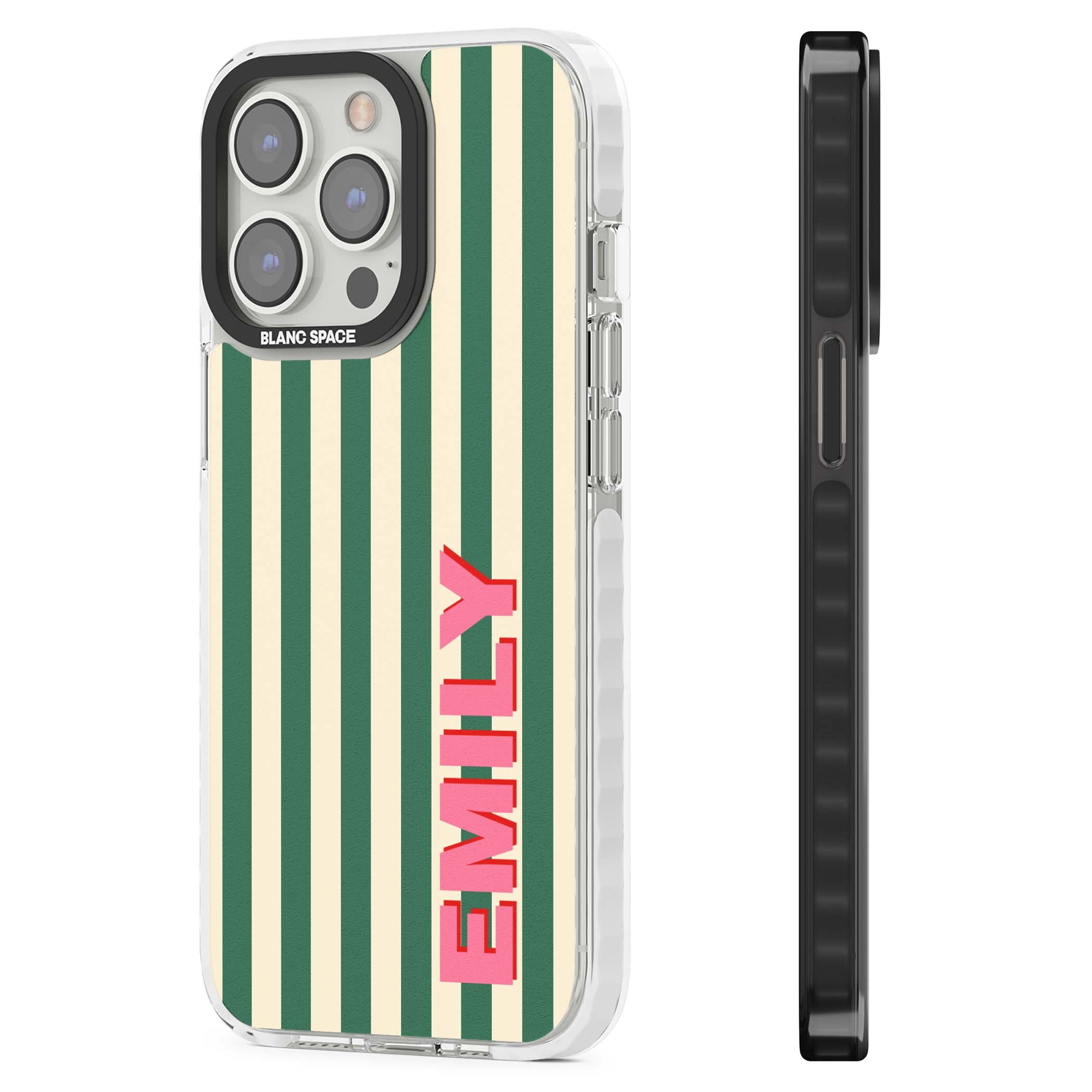 Wimbledon Stripe preppy iPhone case featuring green and cream vertical stripes with a personalised pink name | Clear Impact case for iPhone 13 Pro, iPhone 14 Pro, iPhone 15 Pro