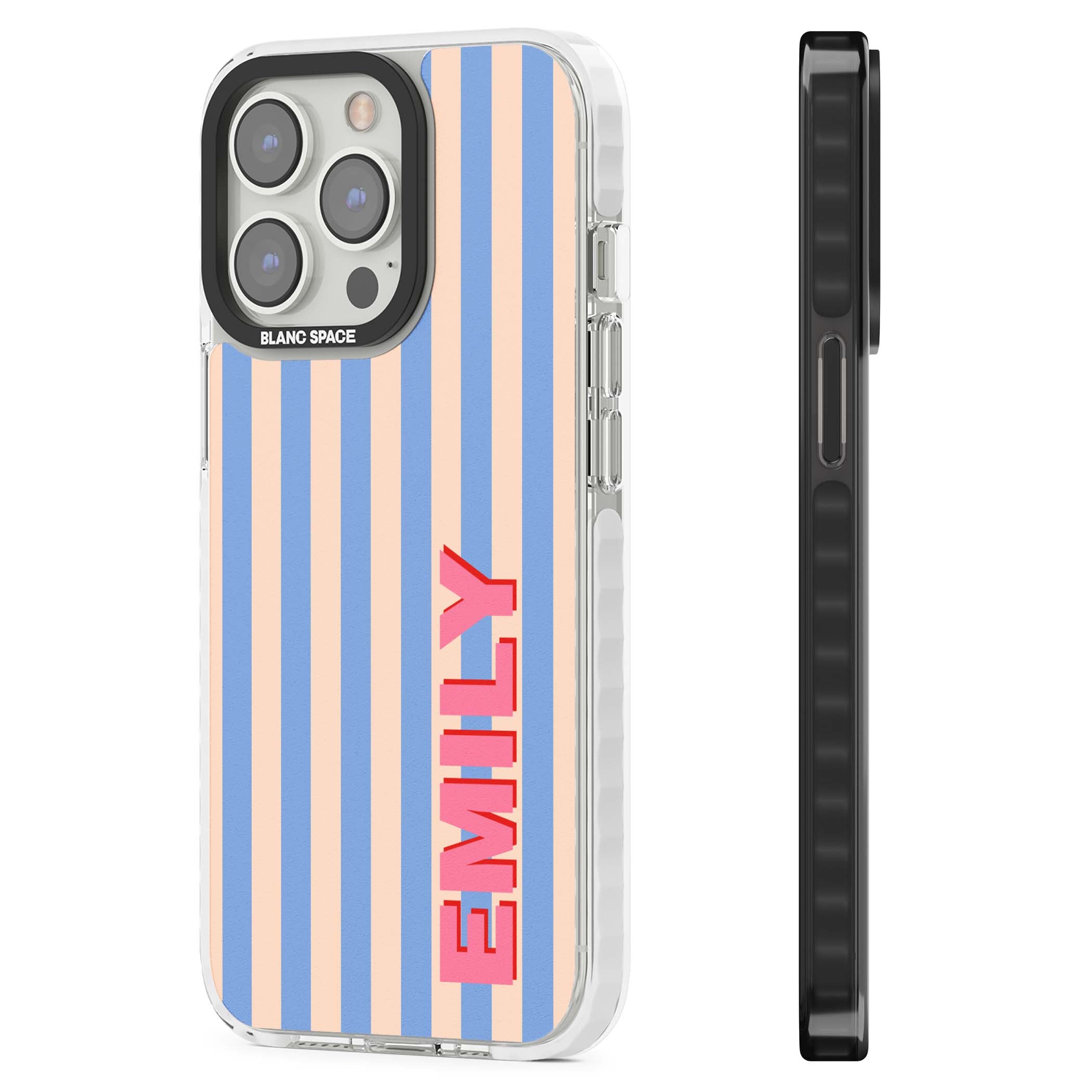 Coastal Stripe personalised coastal iPhone case with blue and peach vertical stripes and custom pink name | Clear Impact case for iPhone 13 Pro, iPhone 14 Pro, iPhone 15 Pro