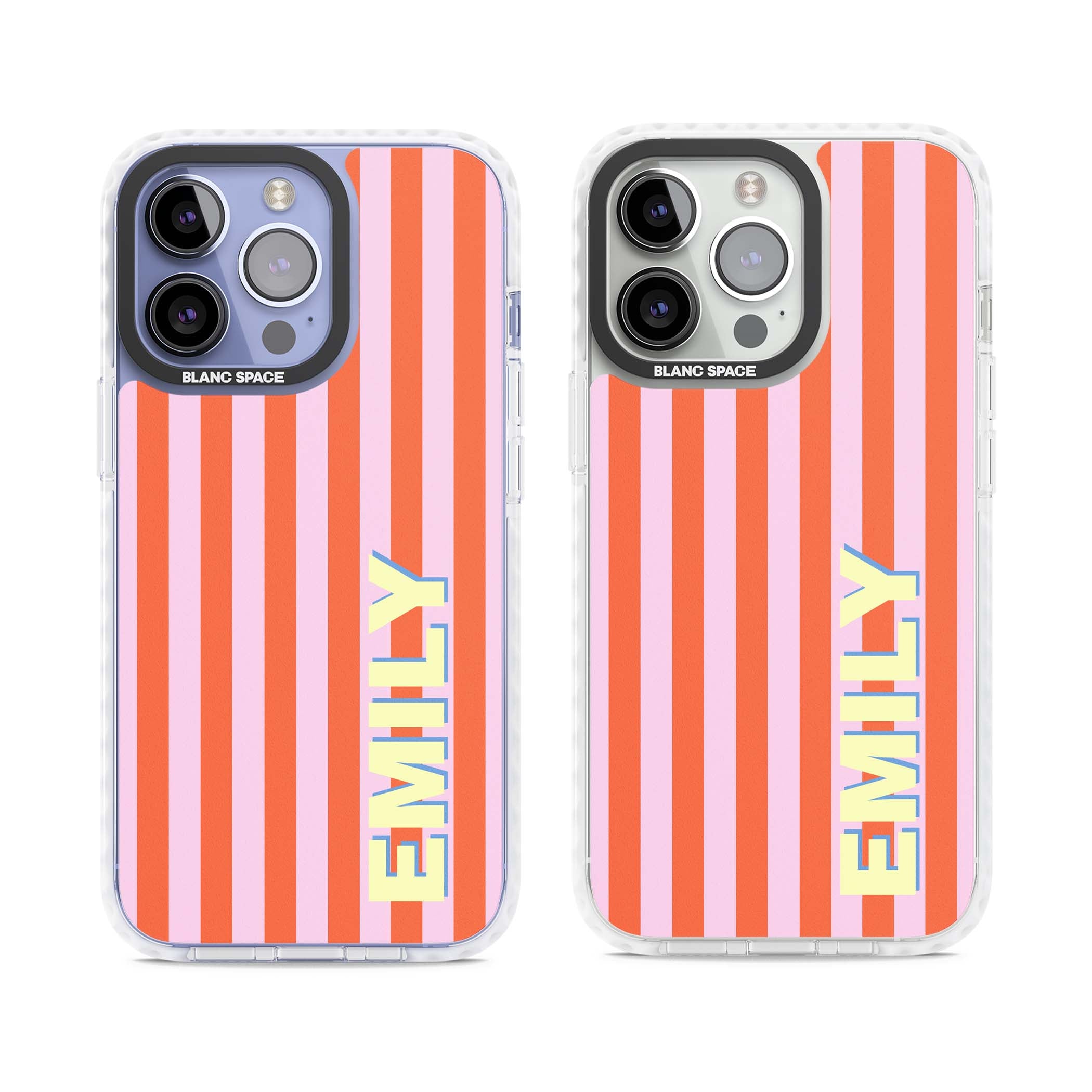 Havana Stripe personalised iPhone case featuring pink and orange vertical stripes with a custom yellow name | Clear Impact case for iPhone 13 Pro, iPhone 14 Pro, iPhone 15 Pro