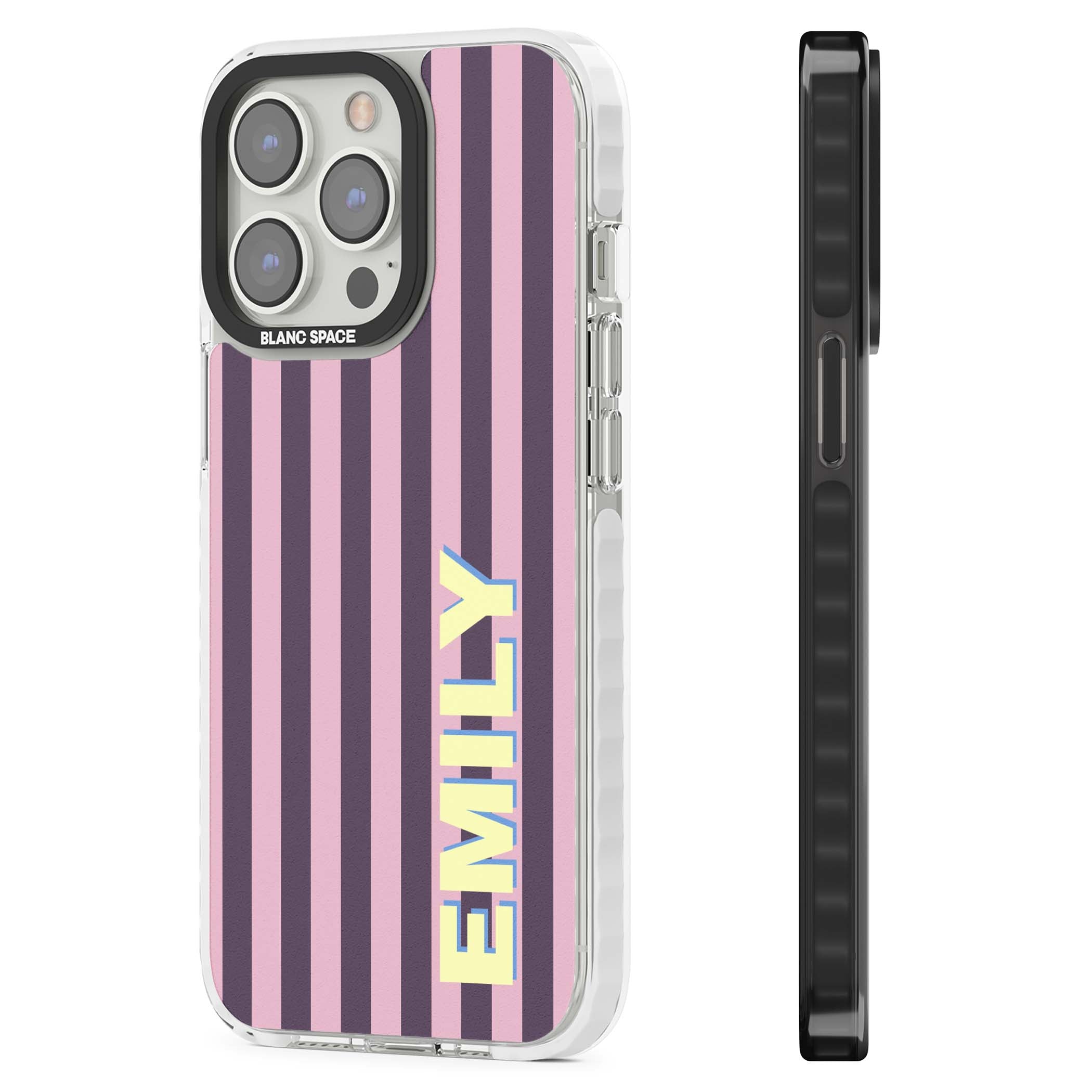 Tyre Stripe personalised stripe iPhone case with plum and pink vertical stripes and custom yellow name | Clear Impact case for iPhone 13 Pro, iPhone 14 Pro, iPhone 15 Pro
