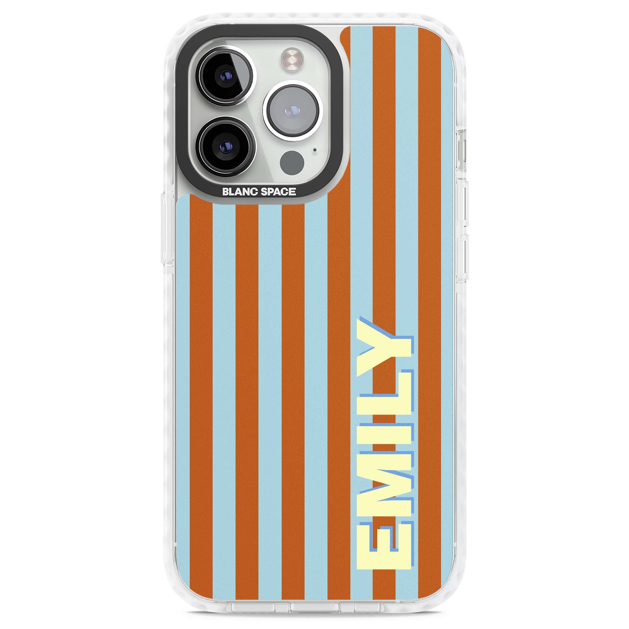 Cappadocia Stripe personalised coastal iPhone case featuring blue and orange vertical stripes with custom cream name | Clear Impact case for iPhone 13 Pro, iPhone 14 Pro, iPhone 15 Pro