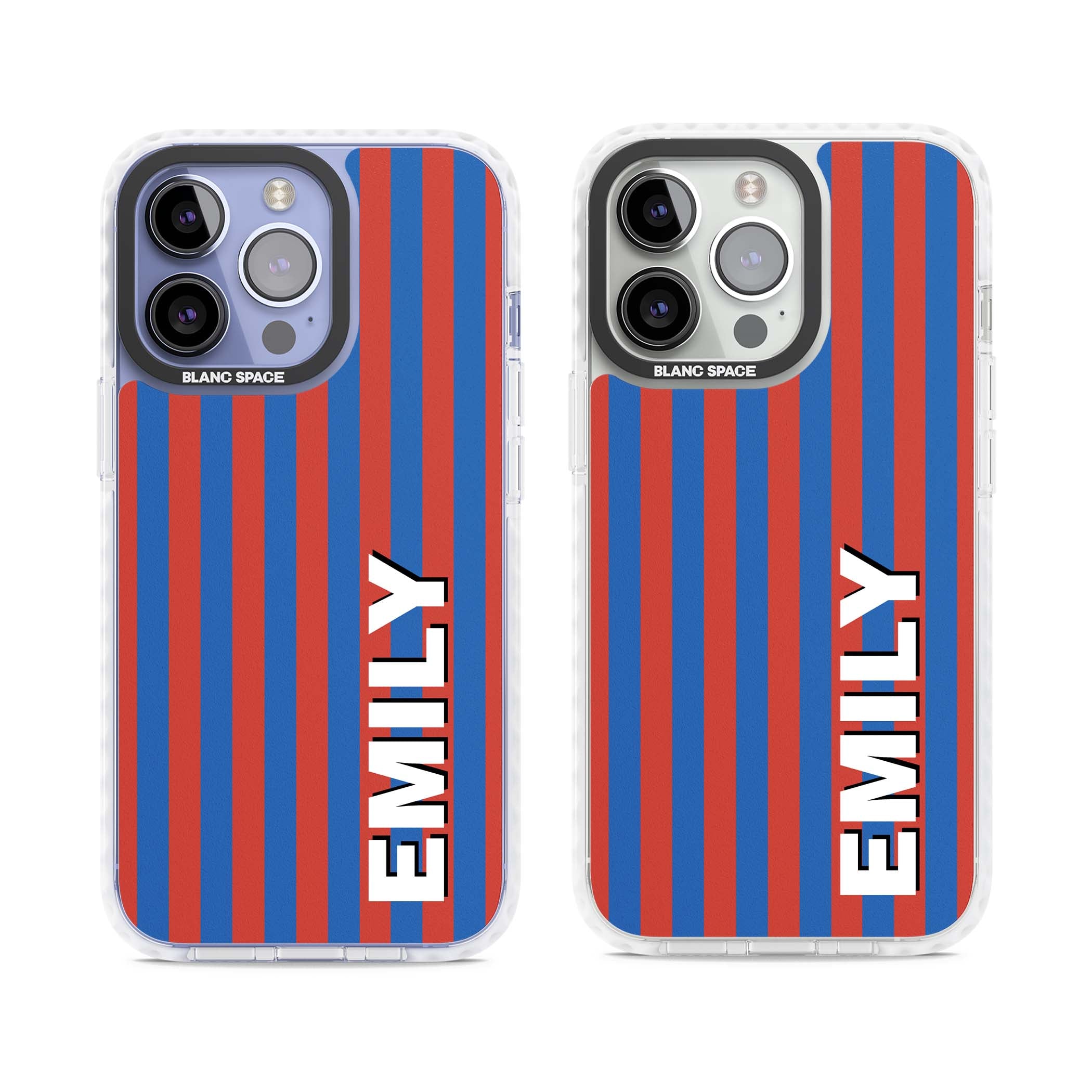 Cuban Stripe personalised iPhone case featuring red and blue vertical stripes with custom name in bold white letters | Clear Impact case for iPhone 13 Pro, iPhone 14 Pro, iPhone 15 Pro