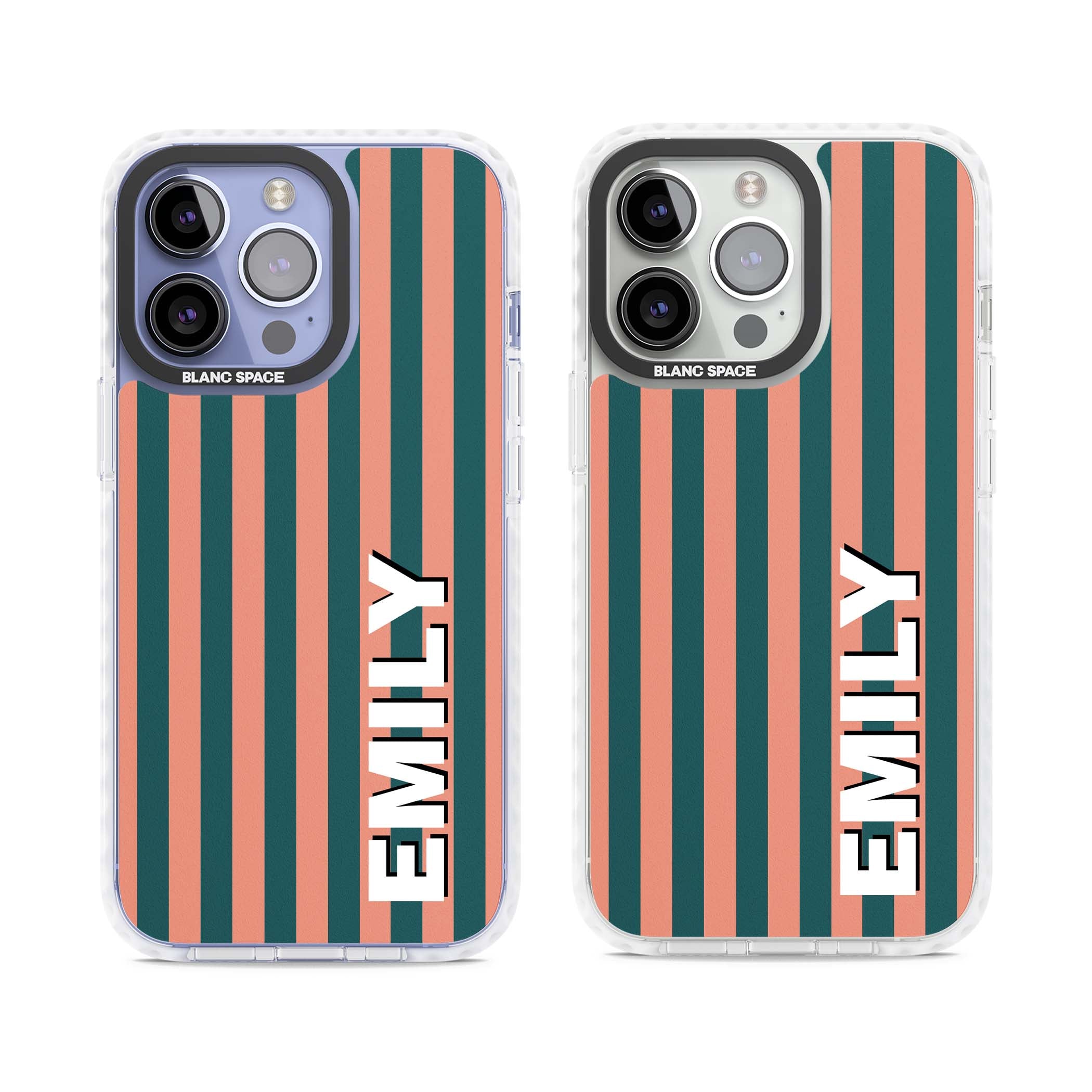 Tuscan Stripe personalised iPhone case featuring coral and green vertical stripes with bold custom name | Clear Impact case for iPhone 13 Pro, iPhone 14 Pro, iPhone 15 Pro