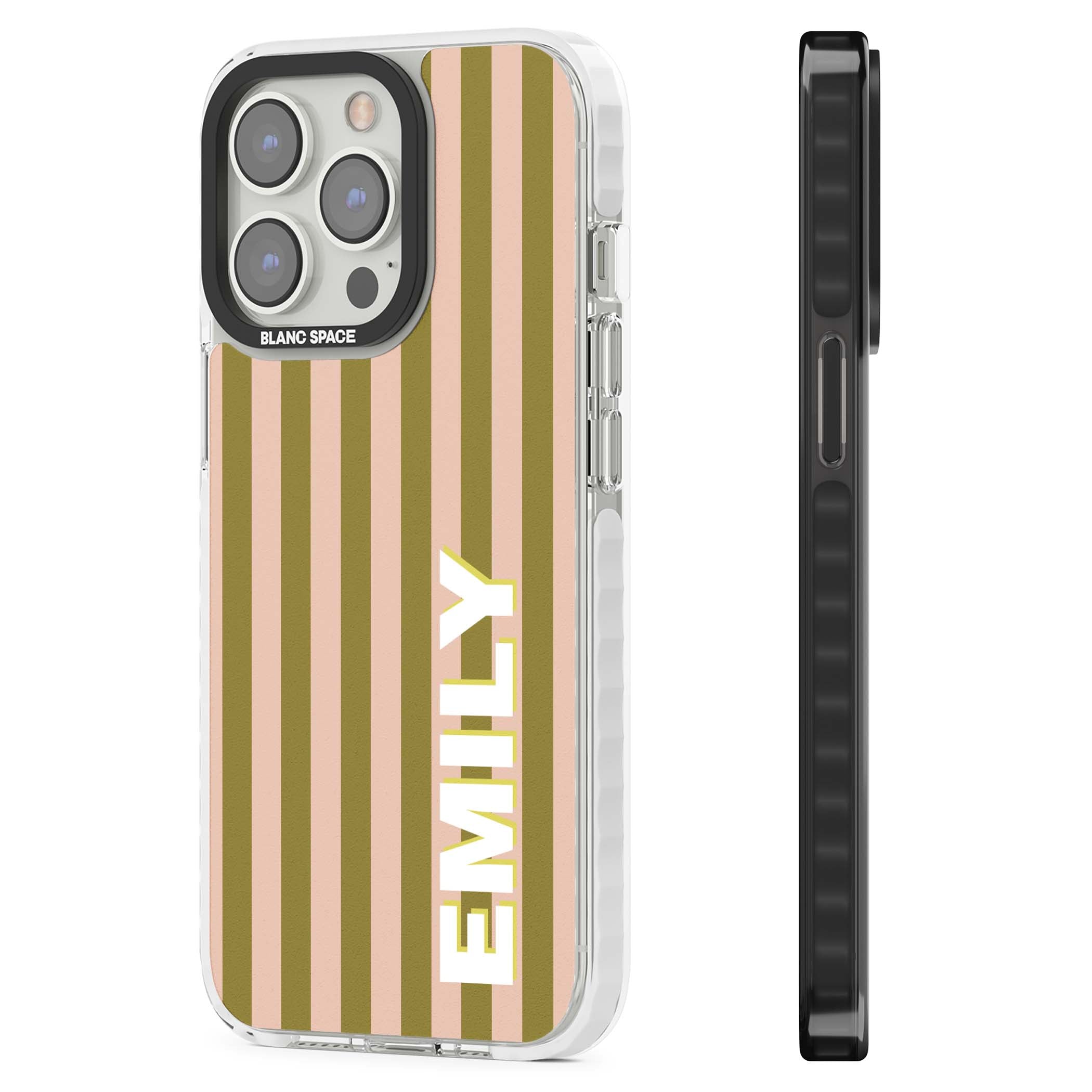 Indian Stripe personalised iPhone case featuring olive green and blush pink vertical stripes with custom name in whit | Clear Impact case for iPhone 13 Pro, iPhone 14 Pro, iPhone 15 Pro