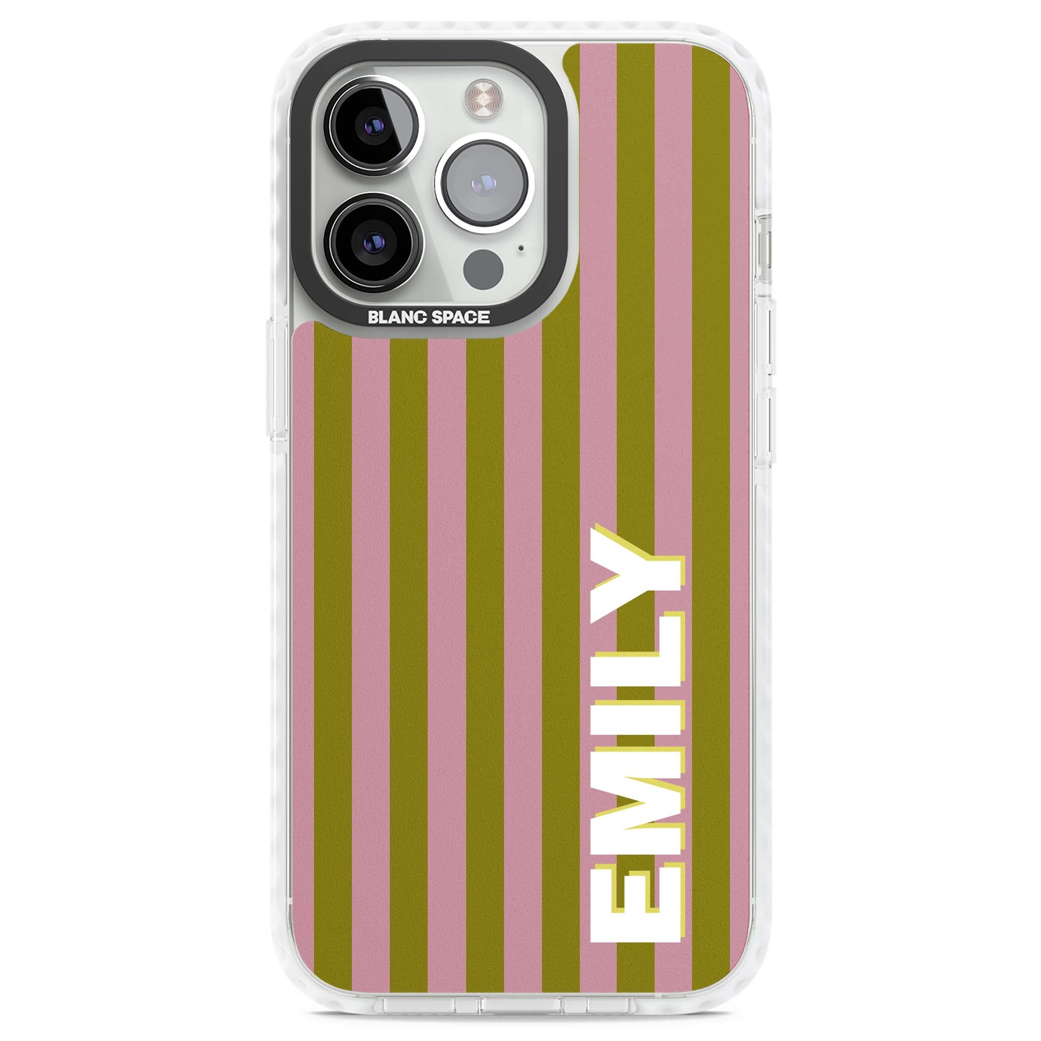 Istanbul Stripe personalised iPhone case featuring pink and olive green vertical stripes with a custom vertical name | Clear Impact case for iPhone 13 Pro, iPhone 14 Pro, iPhone 15 Pro