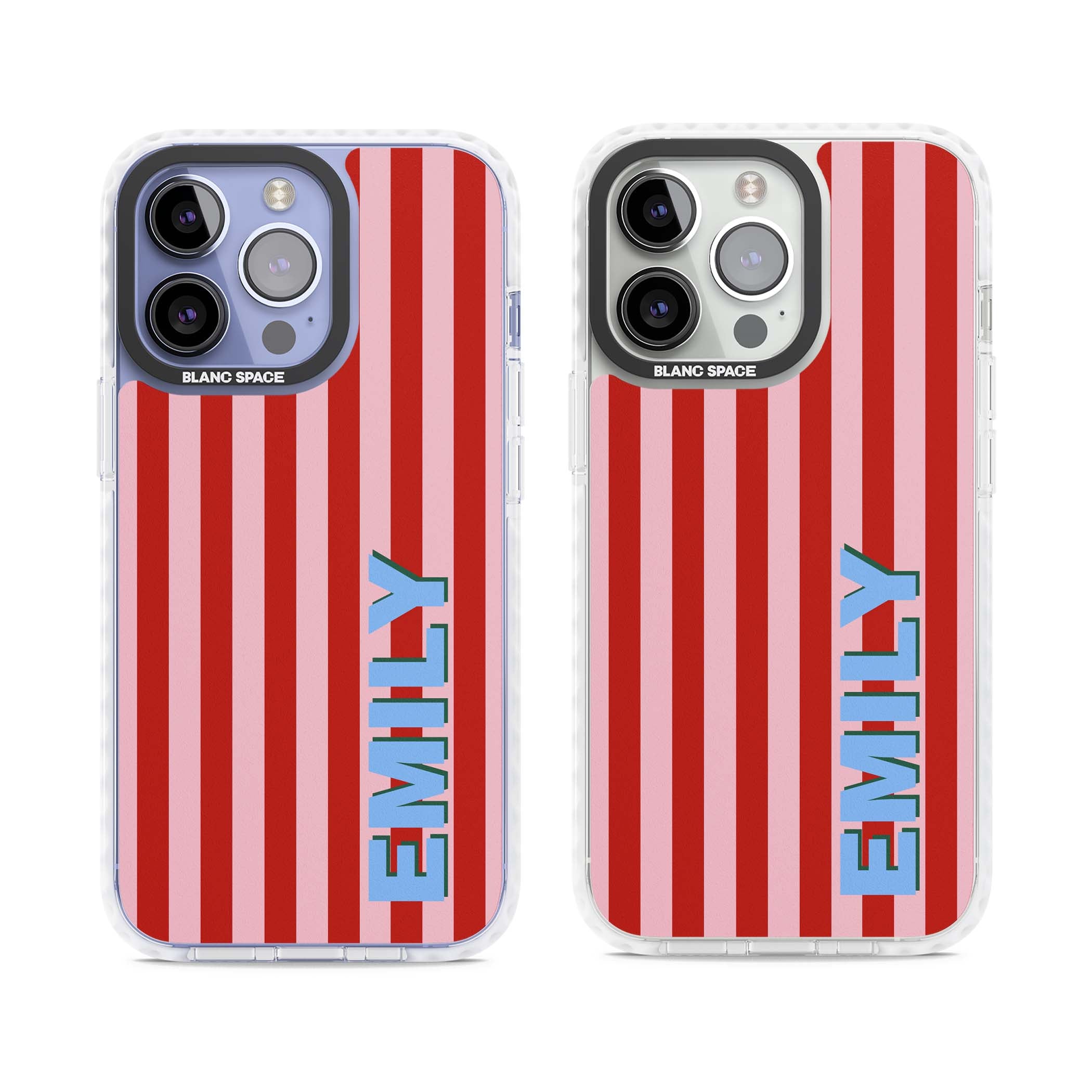 Market Stripe personalised iPhone case with red and pink vertical stripes and custom blue name | Clear Impact case for iPhone 13 Pro, iPhone 14 Pro, iPhone 15 Pro