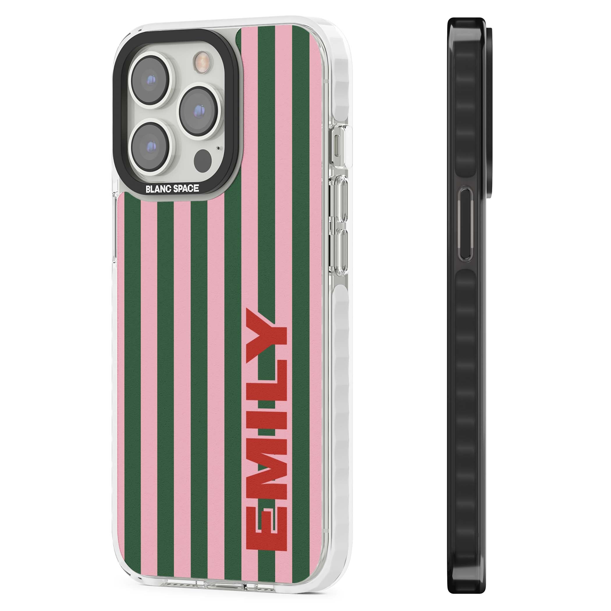 Italian Stripe preppy iPhone case featuring pink and green vertical stripes with personalised red name | Clear Impact case for iPhone 13 Pro, iPhone 14 Pro, iPhone 15 Pro