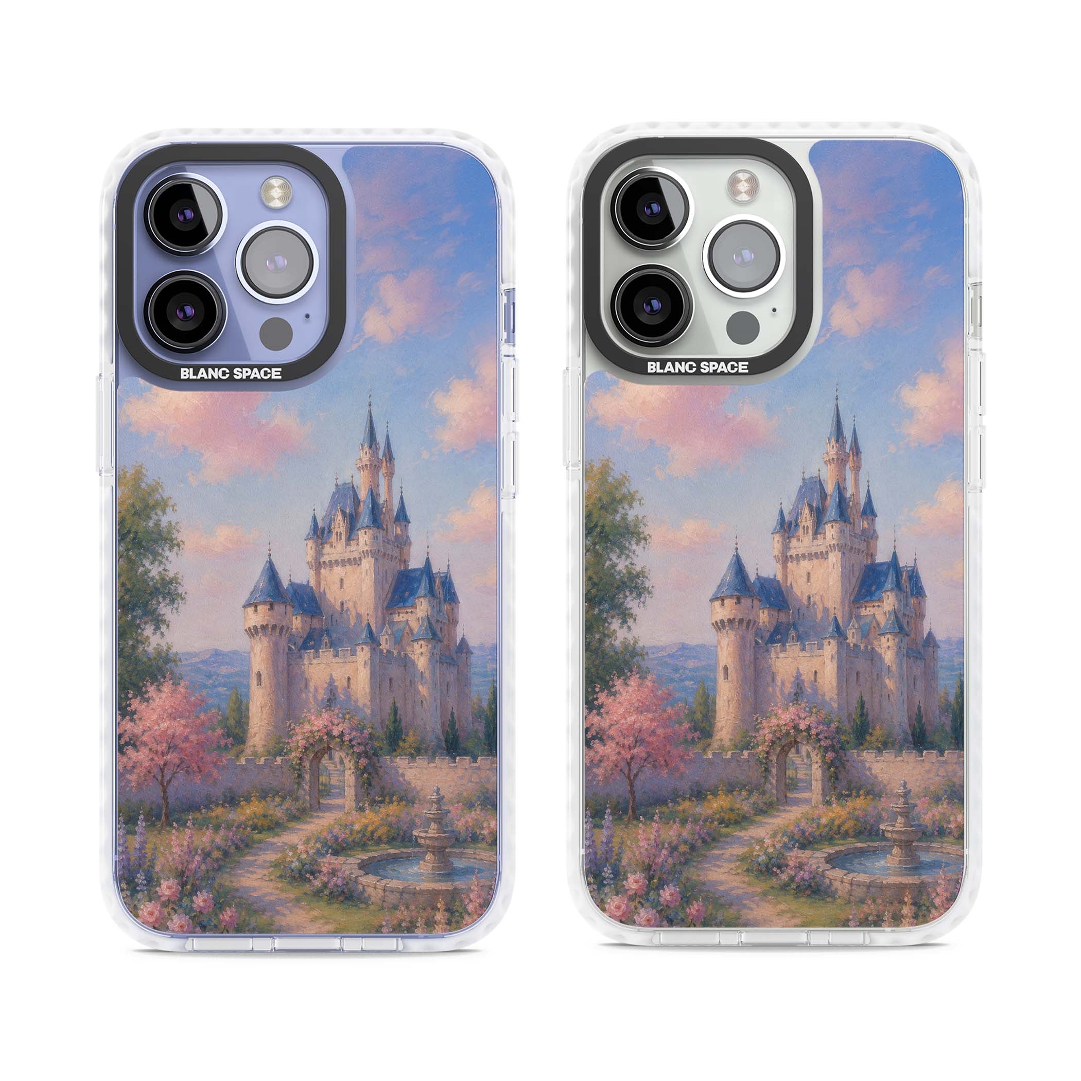 Enchanted Kingdom fairytale iPhone case featuring a romantic castle painting with cherry blossoms and pastel pink sky | Clear Impact case for iPhone 13 Pro, iPhone 14 Pro, iPhone 15 Pro