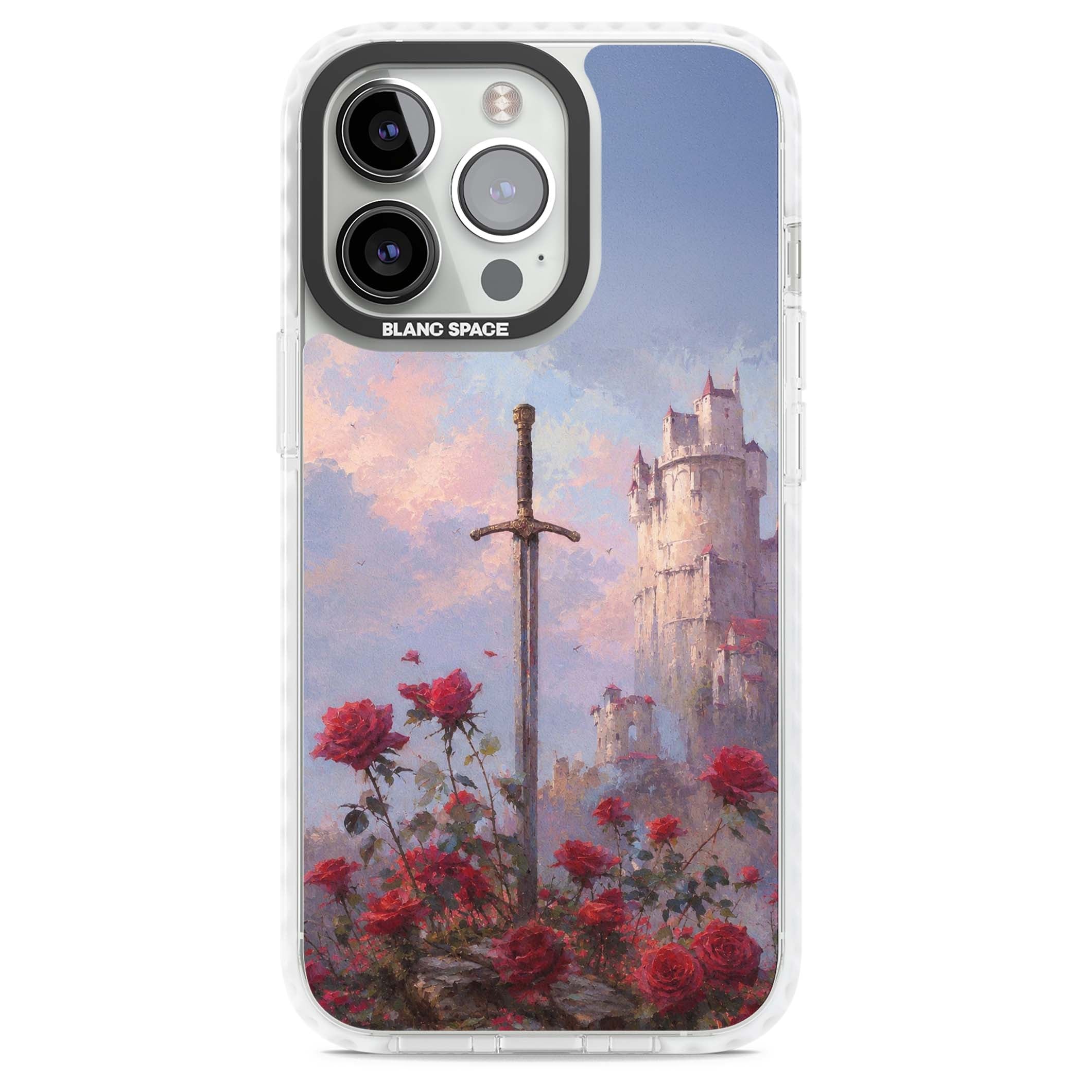 Sword in Roses medieval art iPhone case featuring a sword, red roses, and a misty fairytale castle at sunset | Clear Impact case for iPhone 13 Pro, iPhone 14 Pro, iPhone 15 Pro