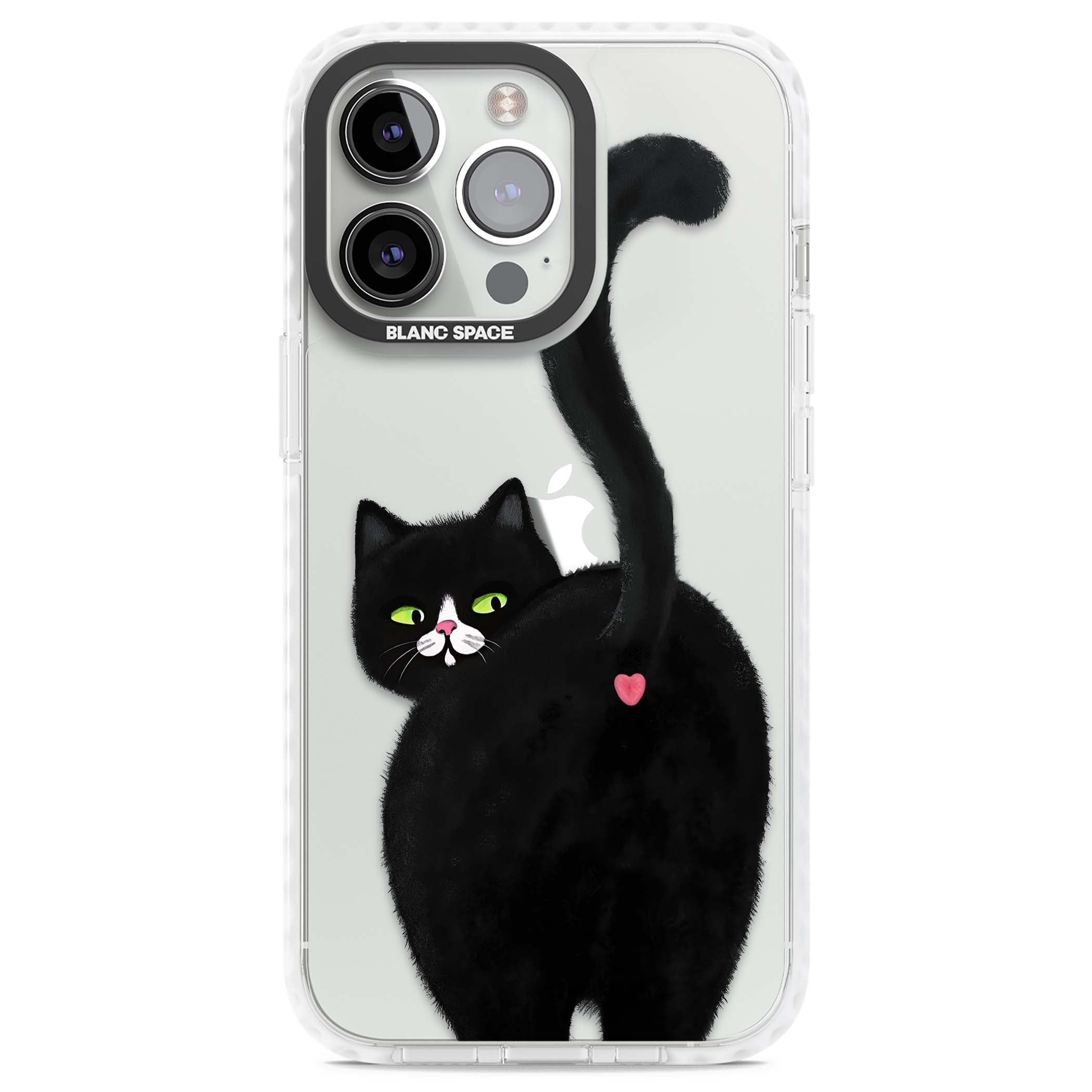 The Cat's Kiss cute cat iPhone case featuring a hand-painted tuxedo kitty with green eyes and a pink heart on a clear | Clear Impact case for iPhone 13 Pro, iPhone 14 Pro, iPhone 15 Pro